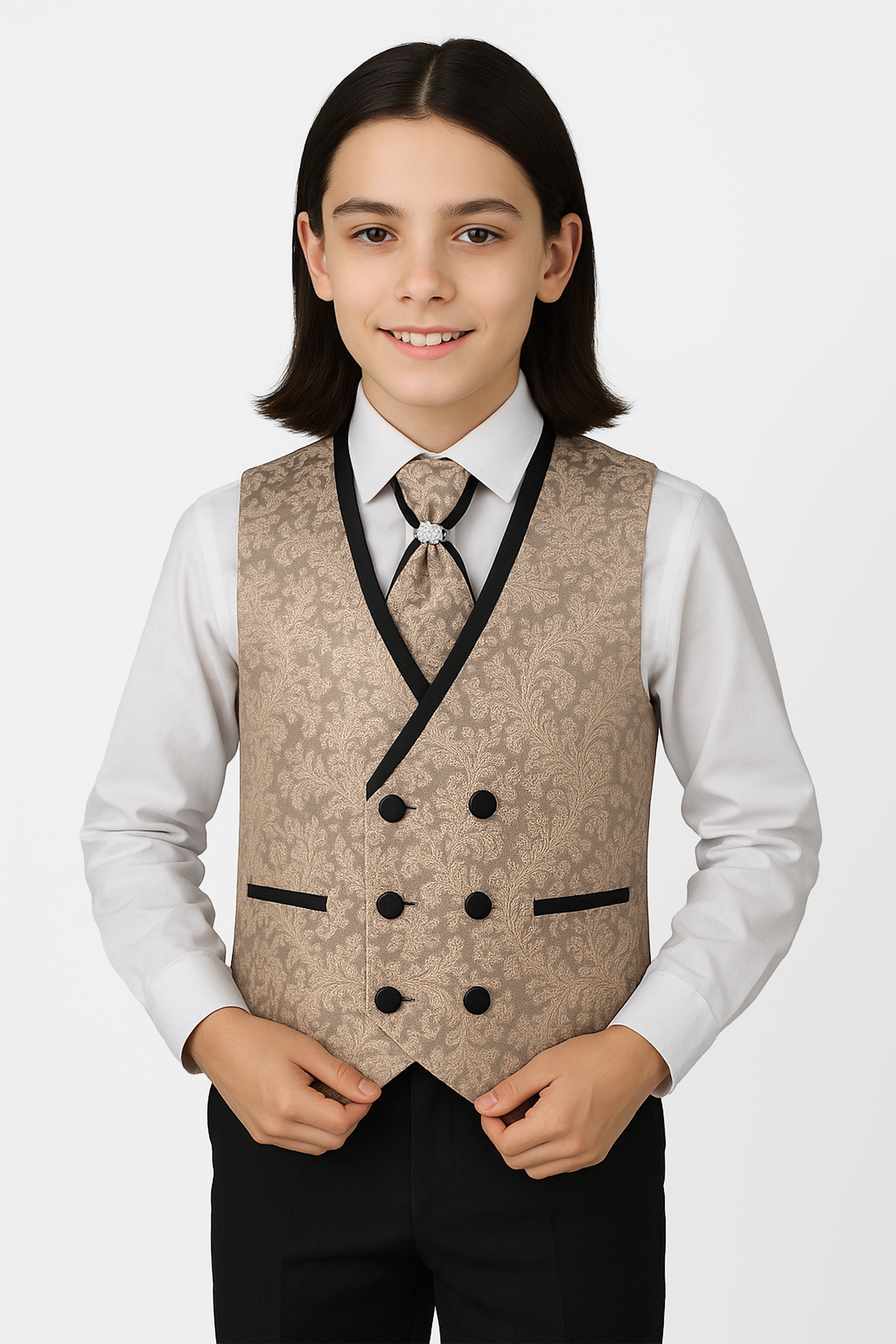 Boys 4-Piece Paisley Jacquard Waistcoat Cravat Set - Gold Model Picture