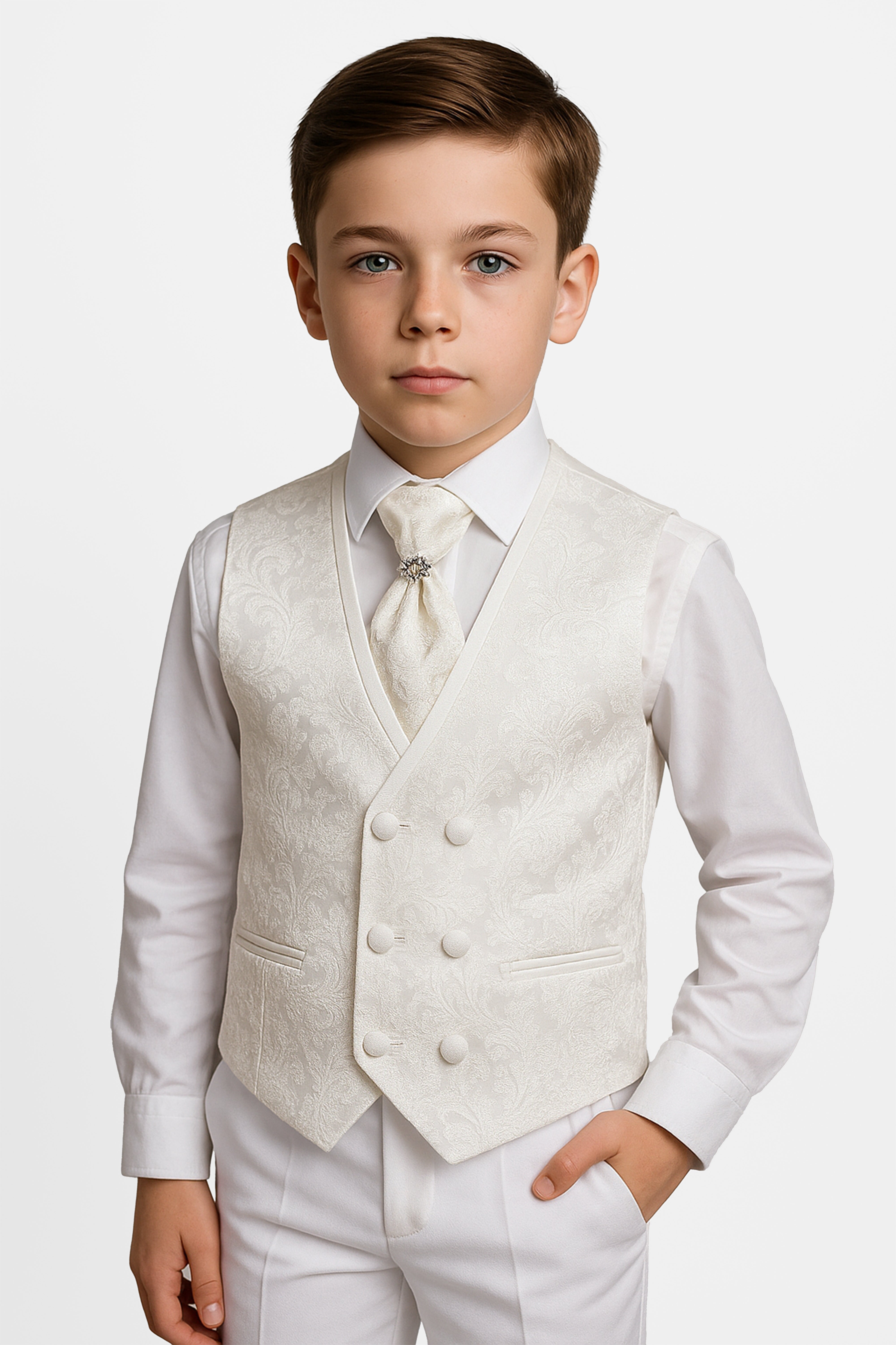 Boys 4-Piece Paisley Jacquard Waistcoat Cravat Set - Ivory Model Picture