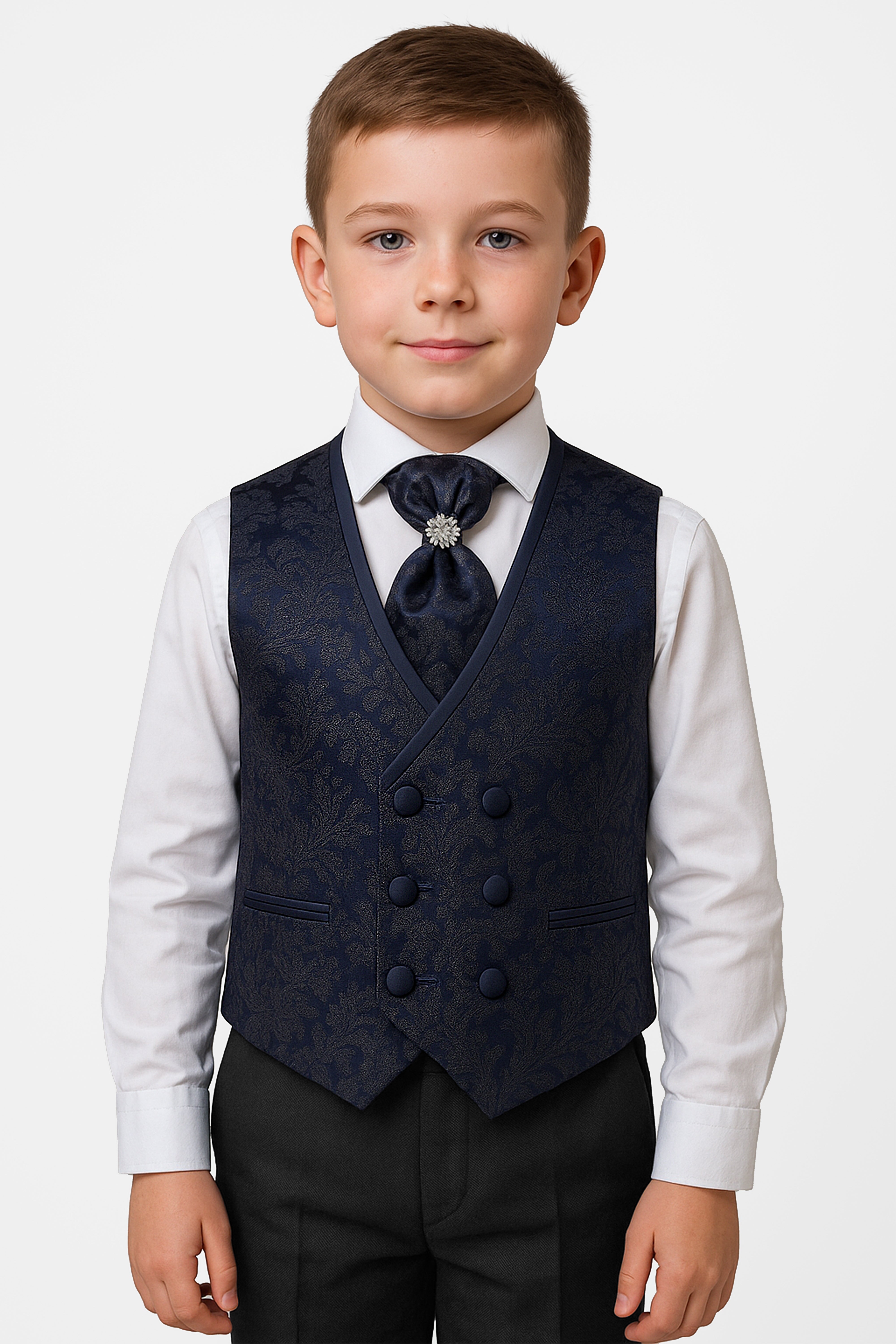 Boys 4-Piece Paisley Jacquard Waistcoat Cravat Set - Navy Model Picture