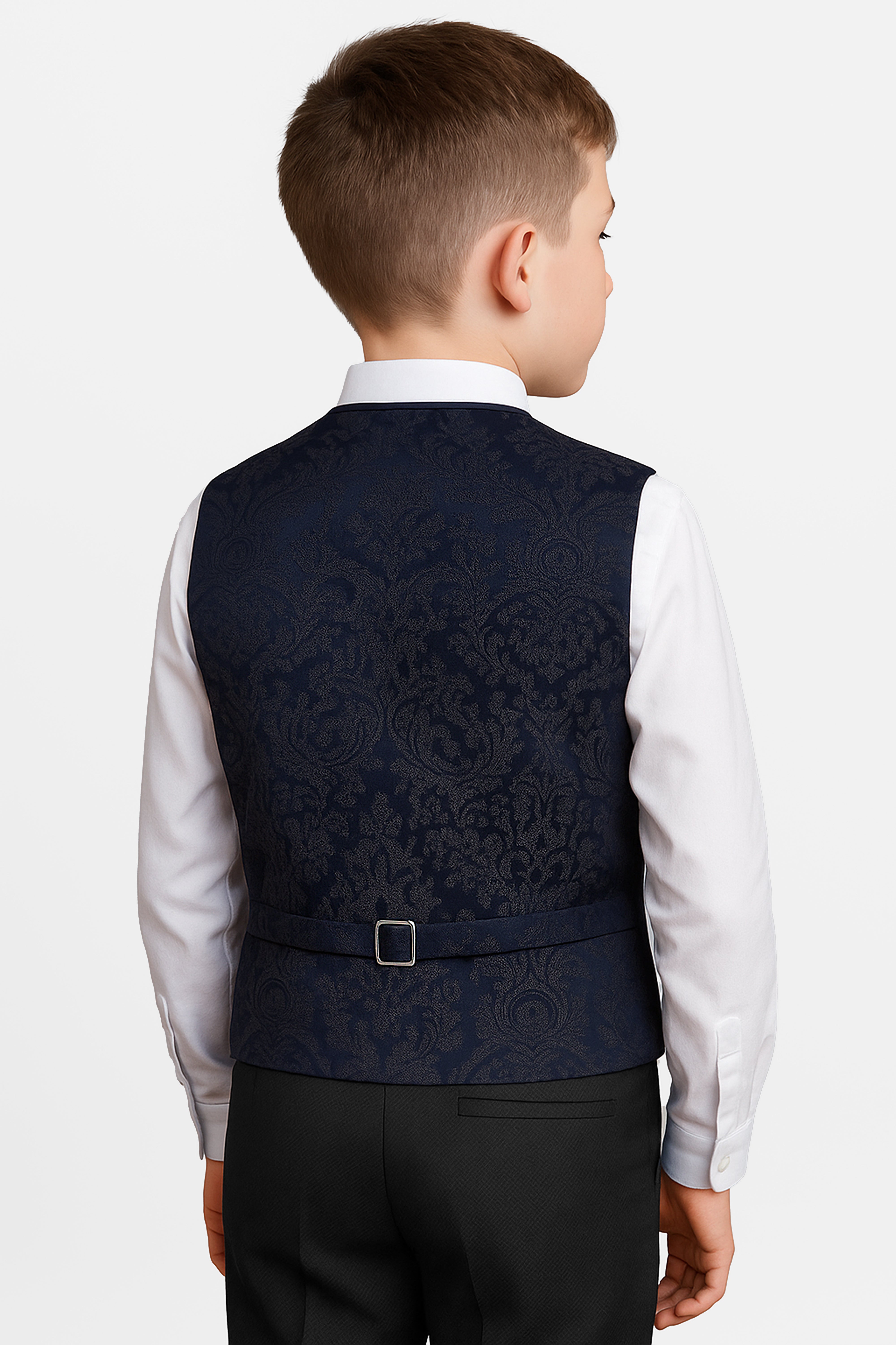 Boys 4-Piece Paisley Jacquard Waistcoat Cravat Set - Navy Back Picture