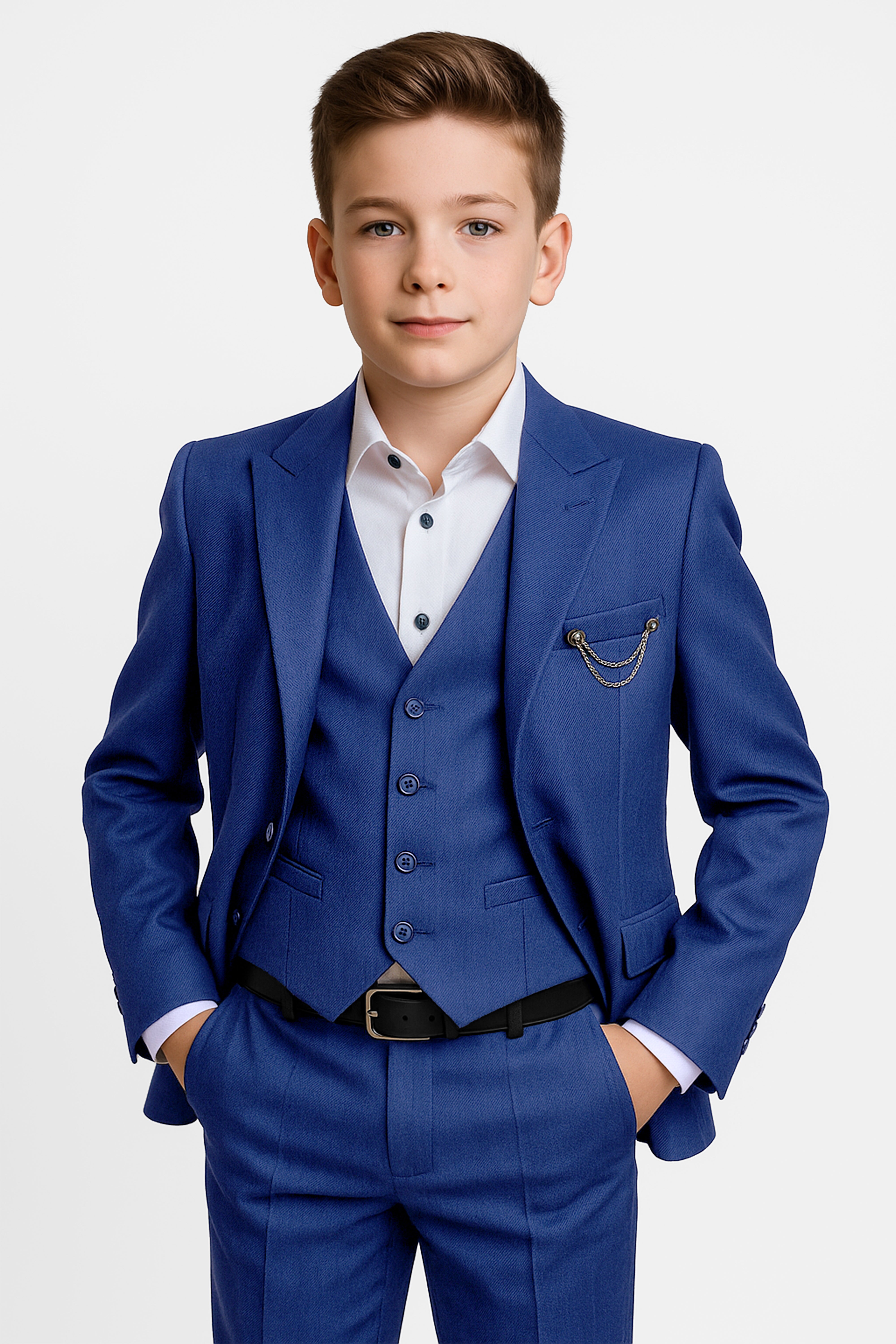 Boys 4-Piece Slim Fit Twill Suit - Midnight Blue Model Picture