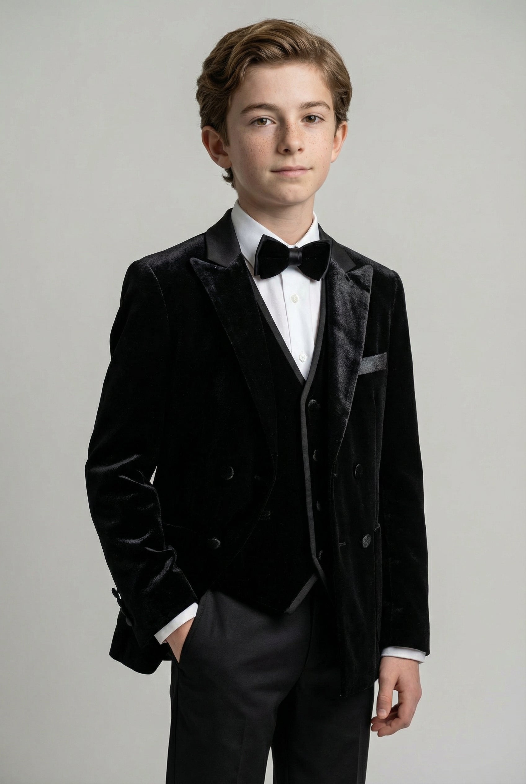 Boys 4-Piece Velvet Double Breasted Tuxedo Suit - Albert  Black
