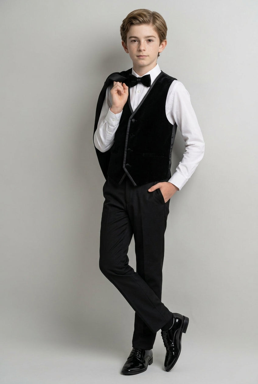 Boys 4-Piece Velvet Double Breasted Tuxedo Suit - Albert  Black