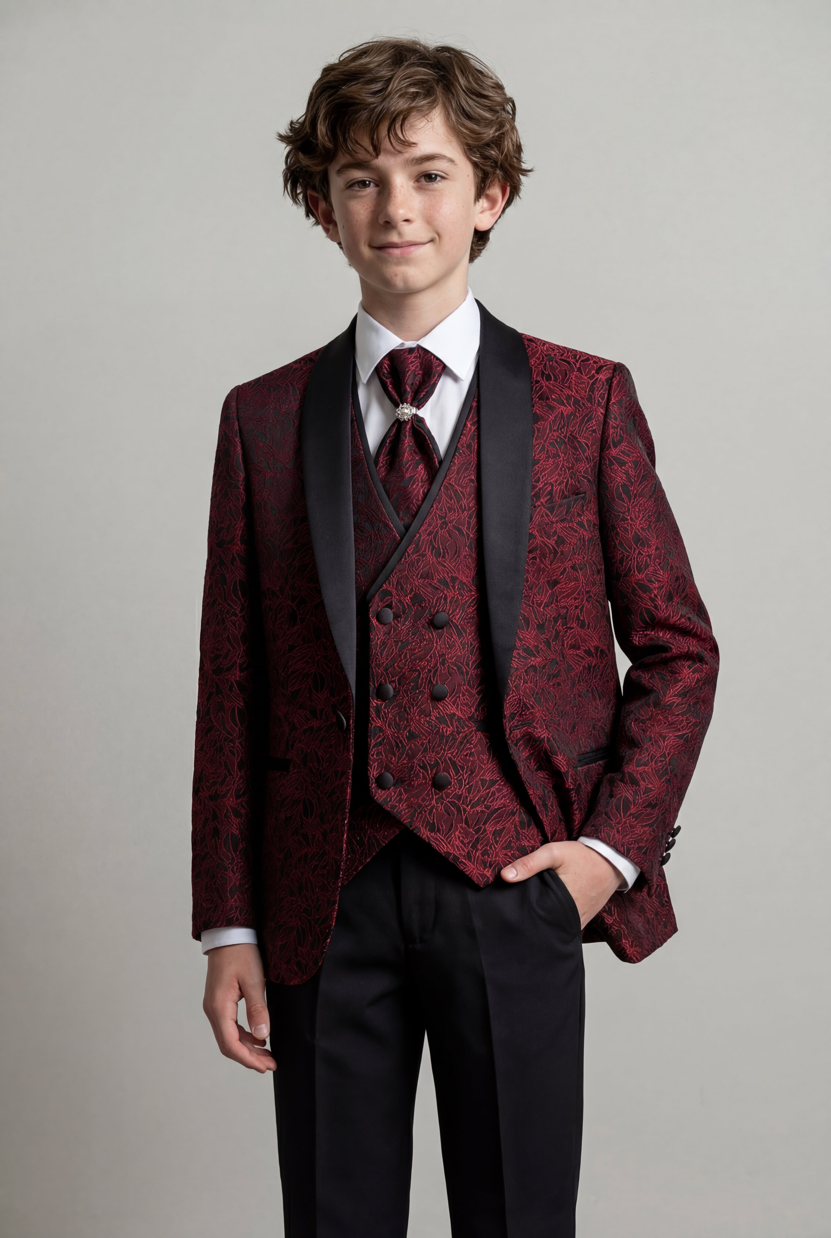 Boys 5-Piece Burgundy Jacquard Tuxedo Suit Front Picture
