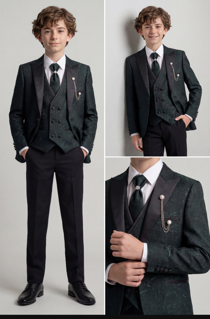 Boys 5-Piece Green Jacquard Tuxedo Suit