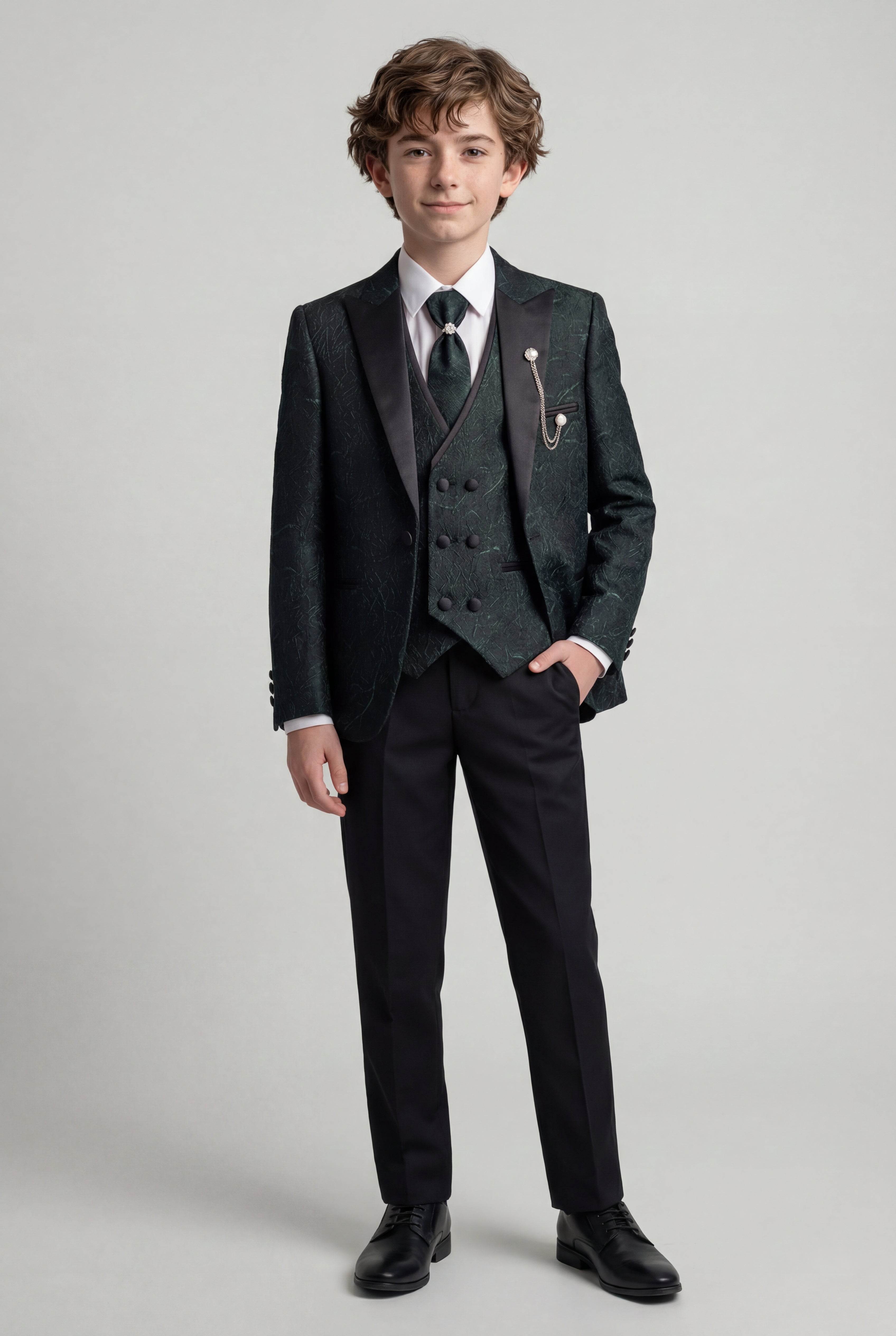 Boys 5-Piece Green Jacquard Tuxedo Suit  Model Front Picture