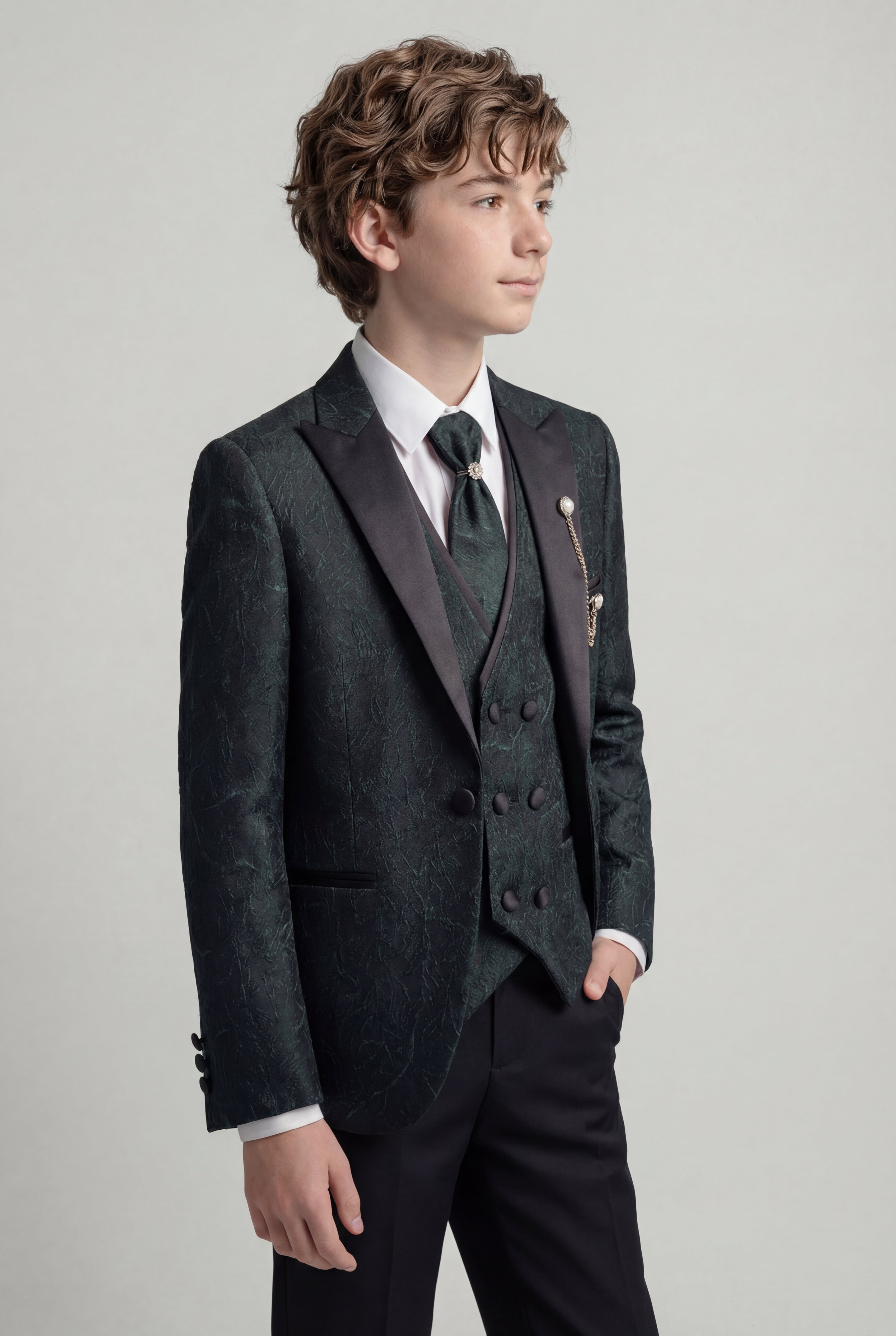 Boys 5-Piece Green Jacquard Tuxedo Suit  Model Side Picture