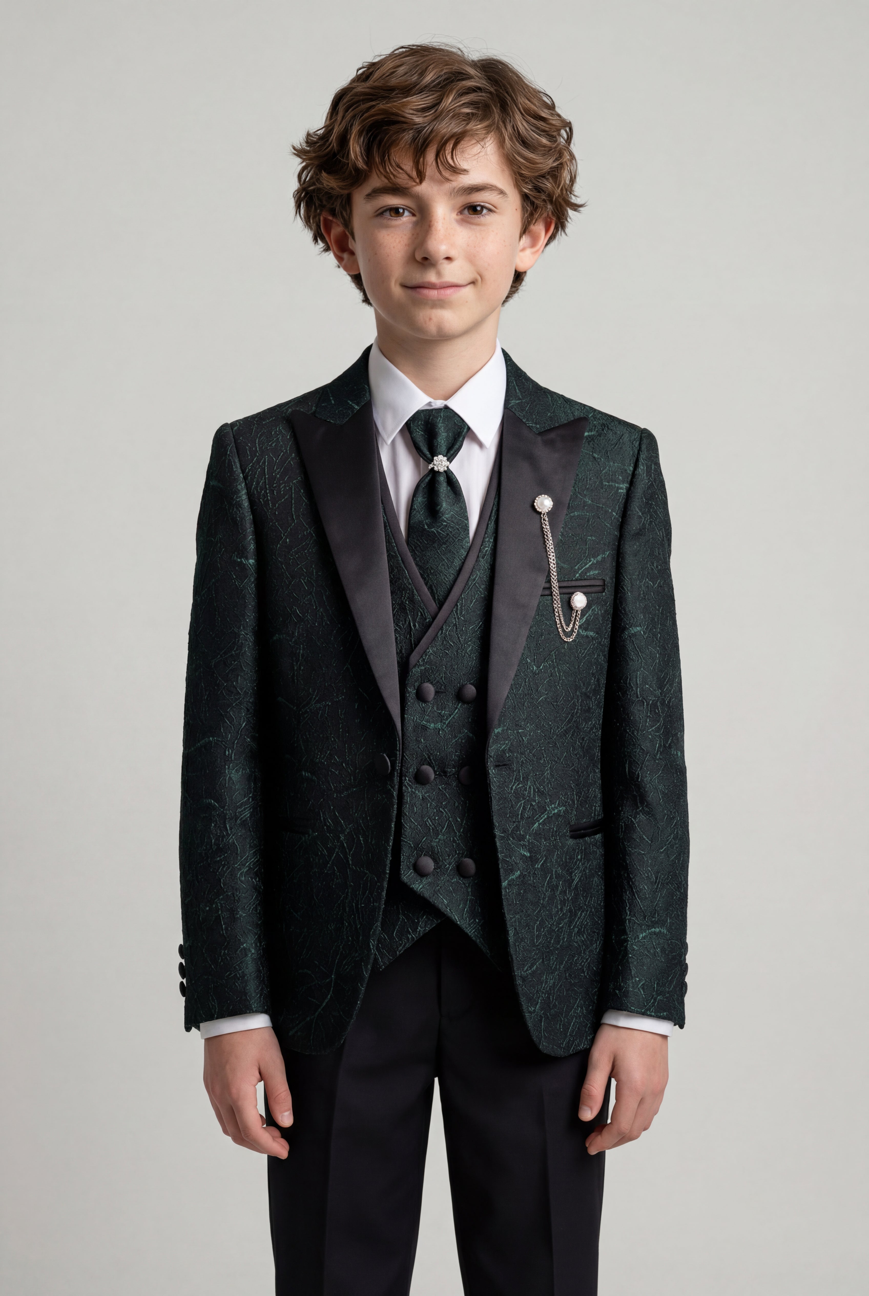 Boys 5-Piece Green Jacquard Tuxedo Suit  Model Picture