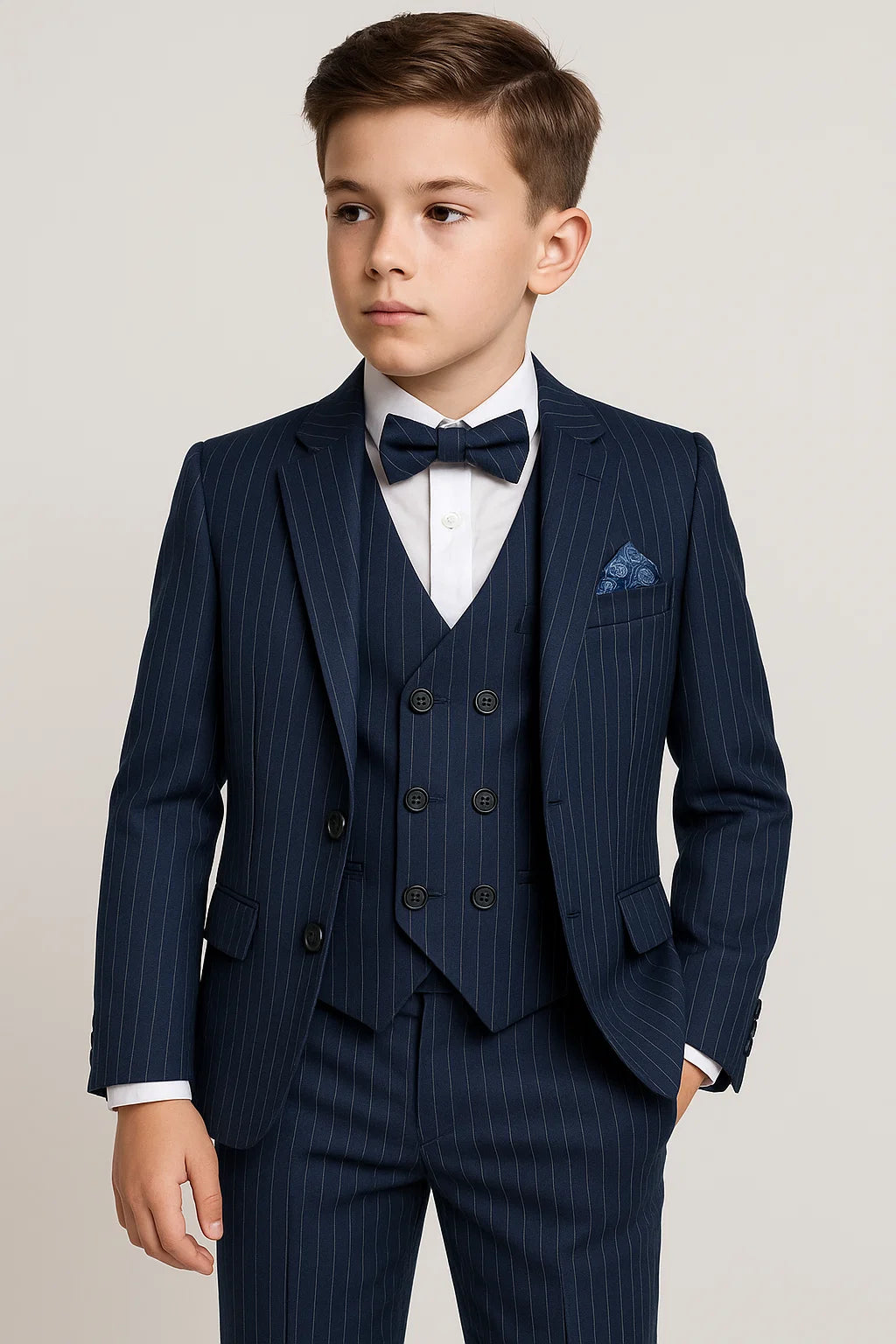 Boys 5-Piece Pinstripe Suit with Double-Breasted Waistcoat - Verona  - Navy Bue Model Picture