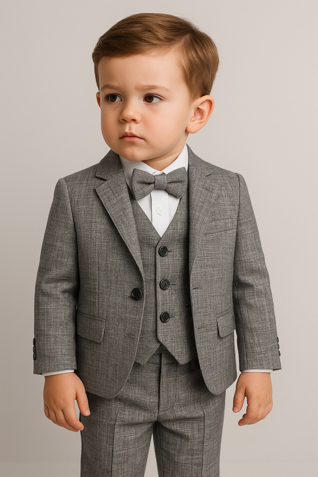 Boys 5-Piece Slim Fit Textured Melange Suit - CATIONIC - Charcoal Grey Model Picture