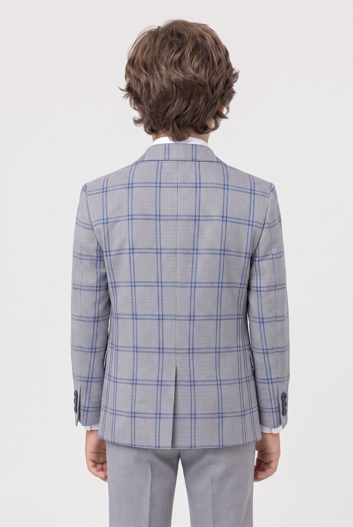Boys 5-Piece Slim Fit Windowpane Check Suit - Ekose - BLUE Model Back Picture