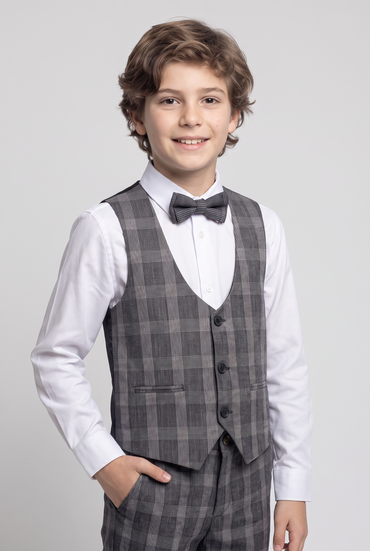 Boys 5-Piece Slim Fit Windowpane Check Suit - Ekose Dark Grey Waistcoat Model Picture