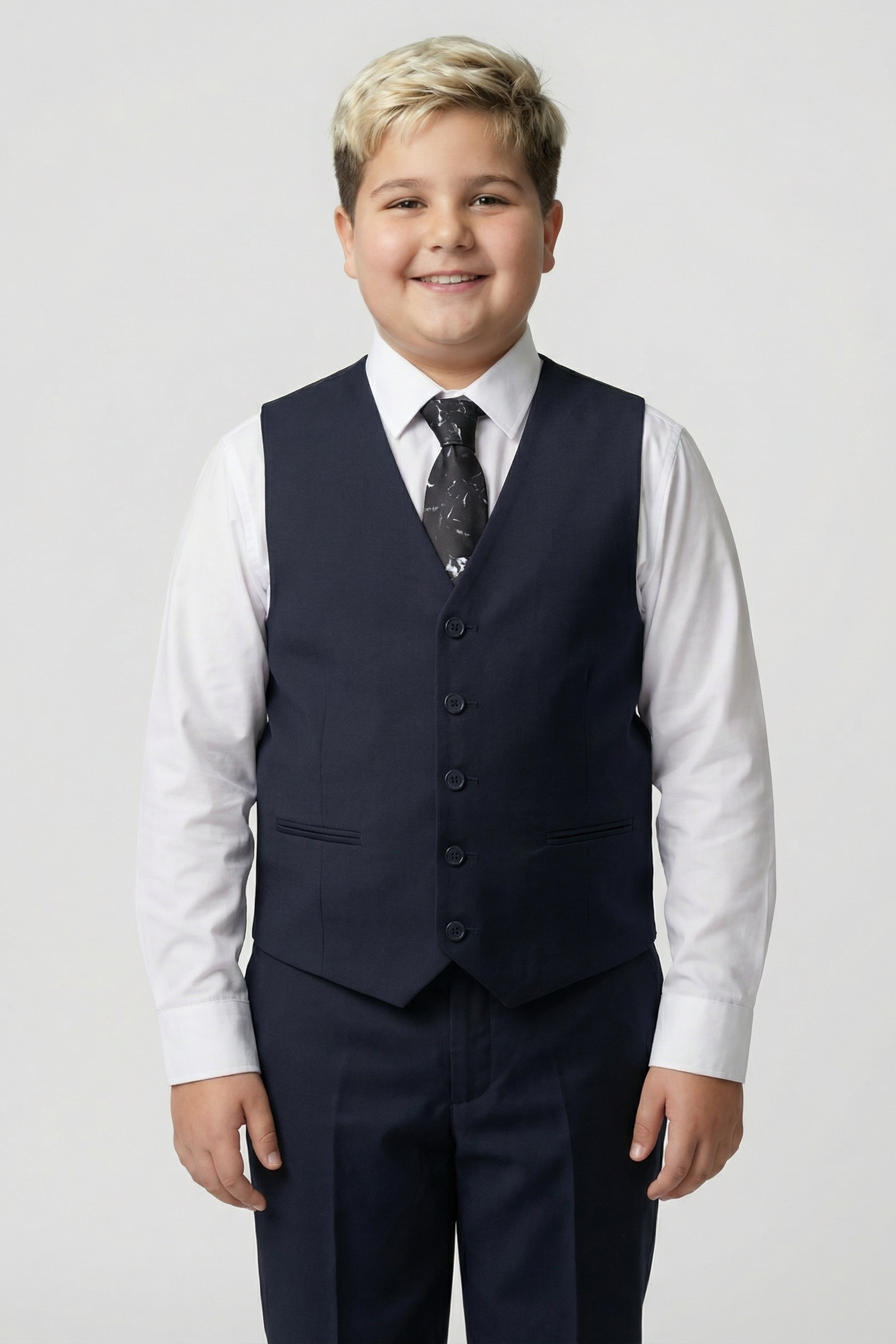 Boys 5-Piece Tailored Fit Formal Suit - Grant - Dark Navy Blue Model  Front Picture for Husky Size