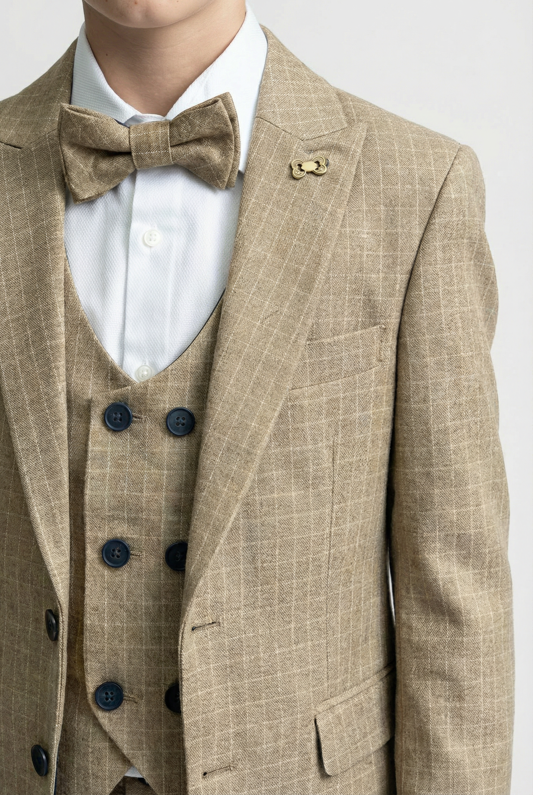 Boys 5-Piece Textured Micro Check Suit - KARELI - Camel Beige Detail Picture