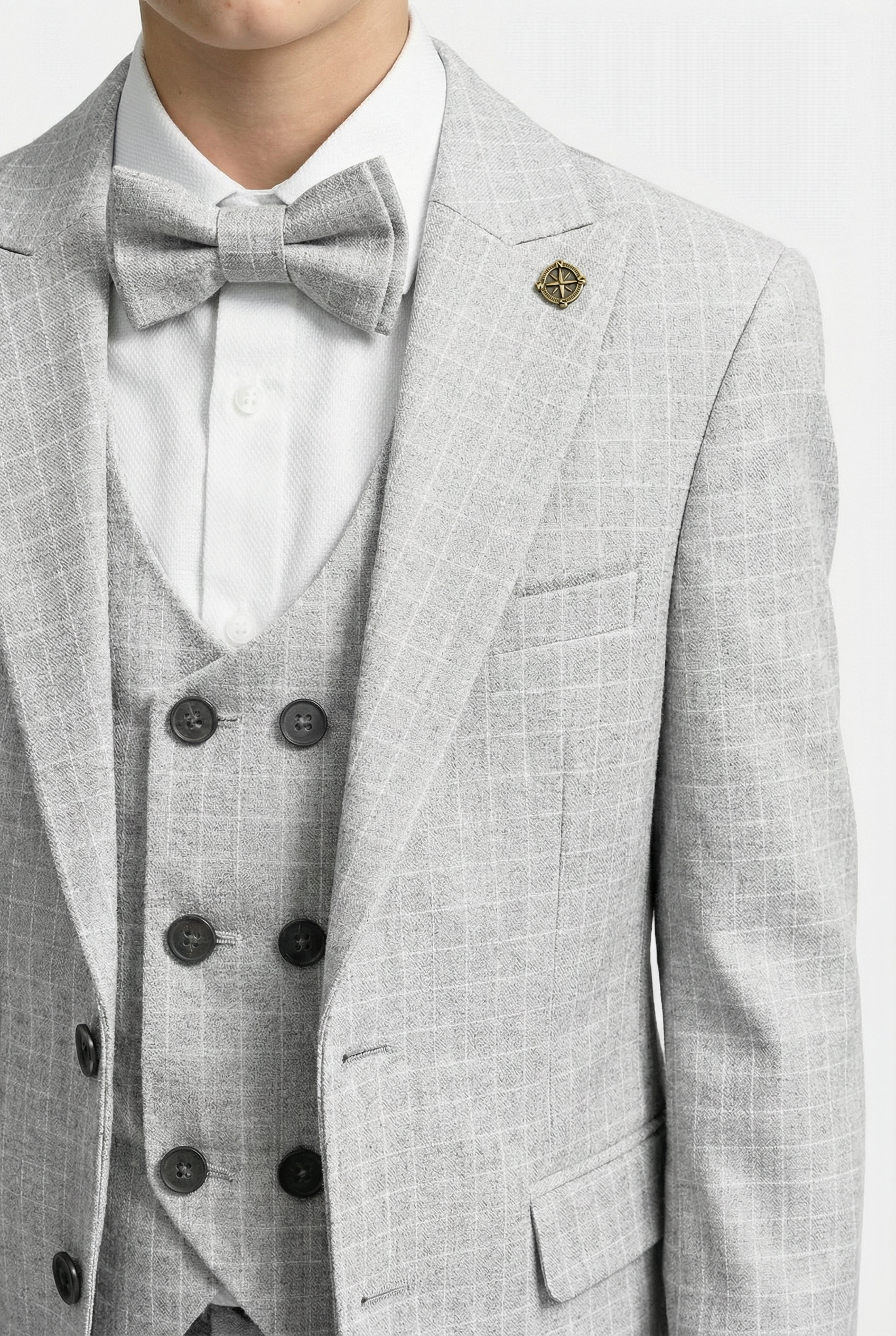 Boys 5-Piece Textured Micro Check Suit - KARELI - Light Grey Detail Picture