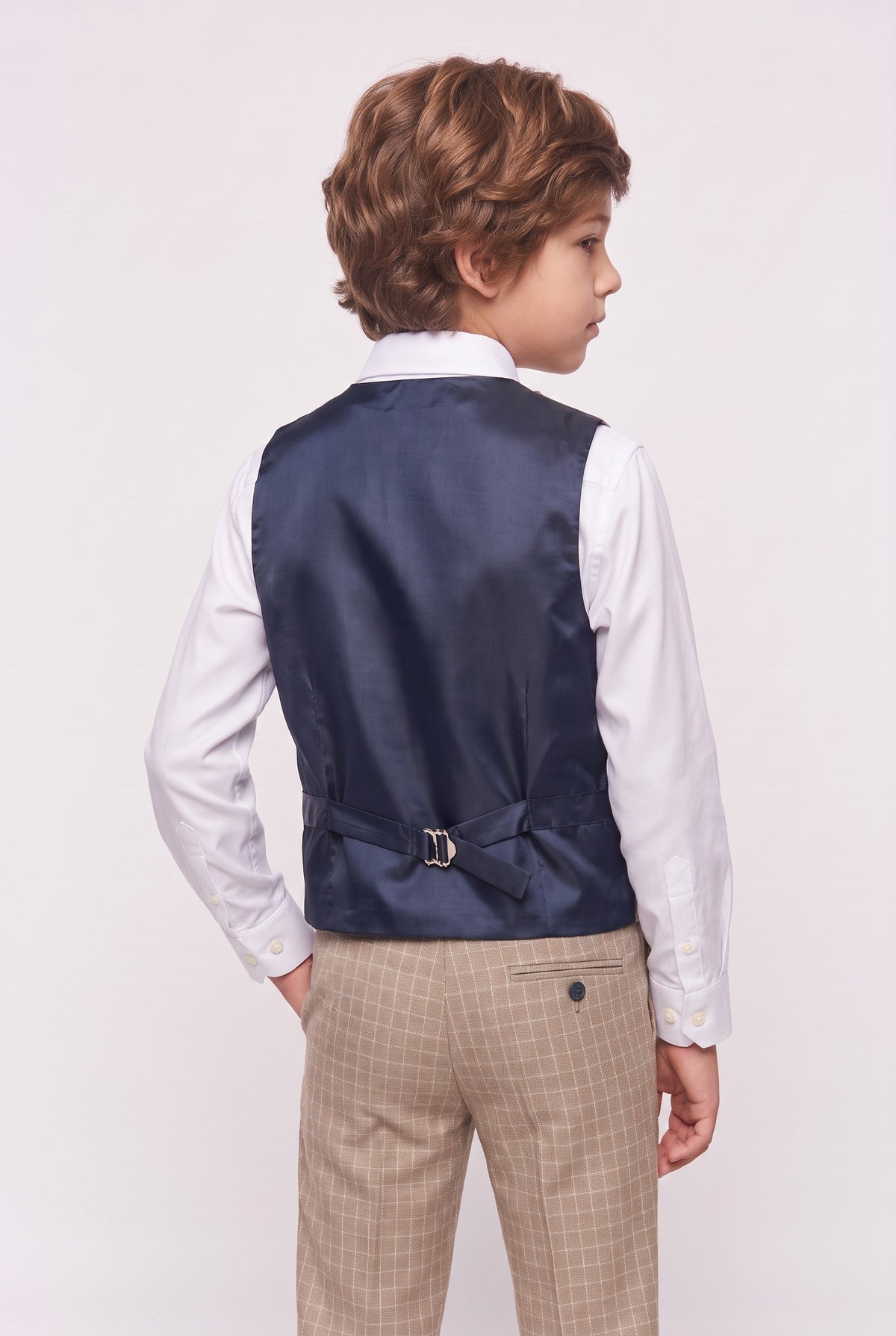 Boys 5-Piece Textured Micro Windowpane Check Suit - KARELI- Beige Waistcoat back picture
