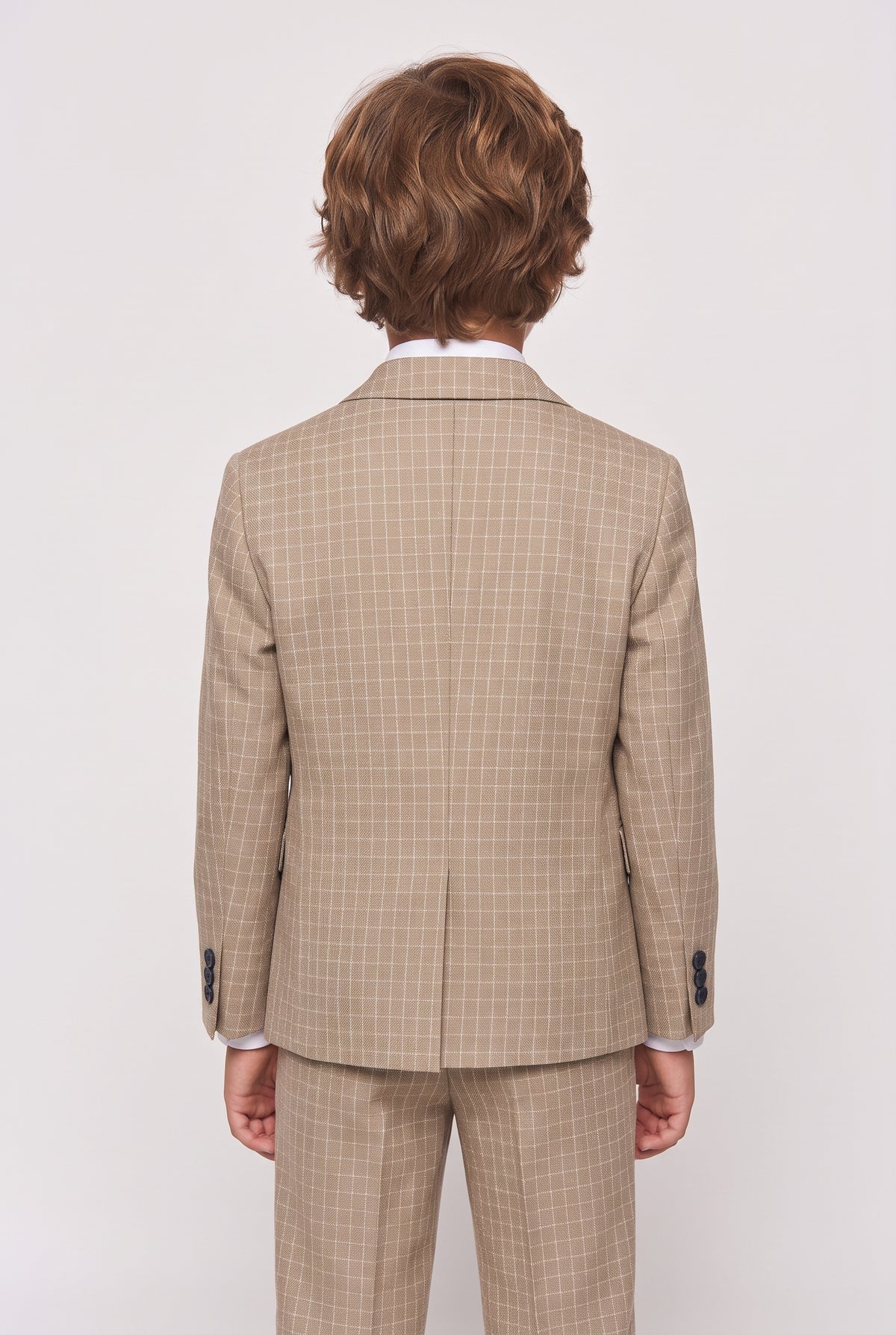 Boys 5-Piece Textured Micro Windowpane Check Suit - KARELI- Beige Model Back Picture