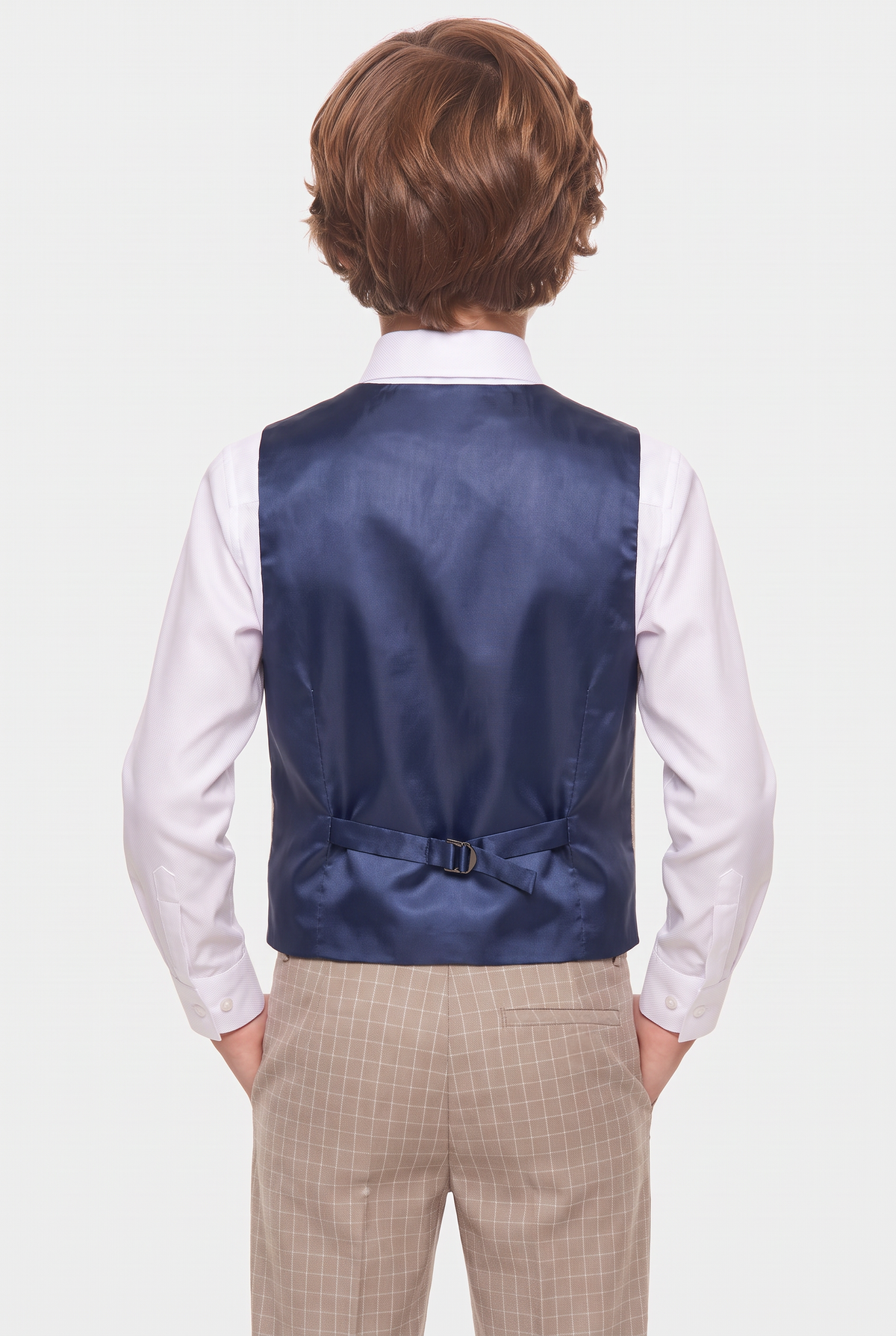 Boys 5-Piece Textured Micro Windowpane Check Suit - KARELI- Camel Back Picture.