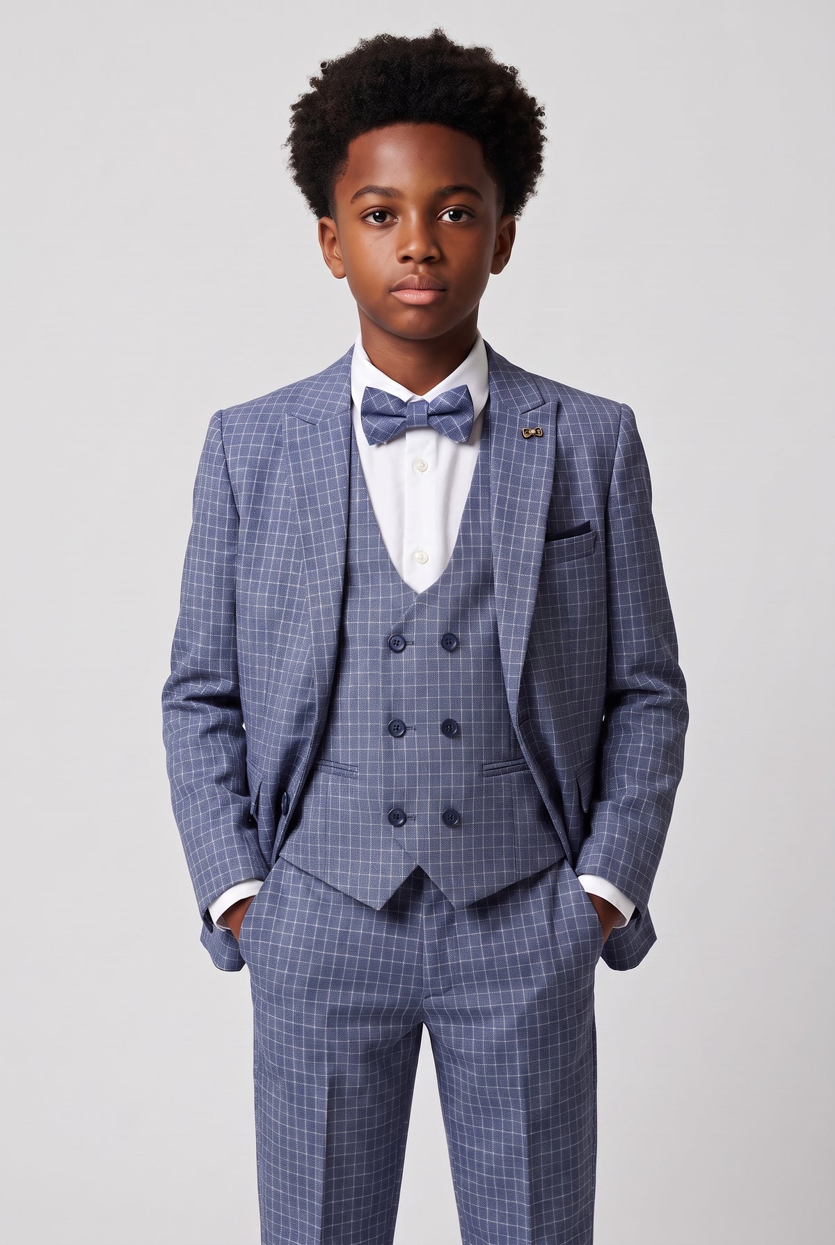 Boys 5-Piece Textured Micro Windowpane Check Suit - KARELI- Navy Model Picture
