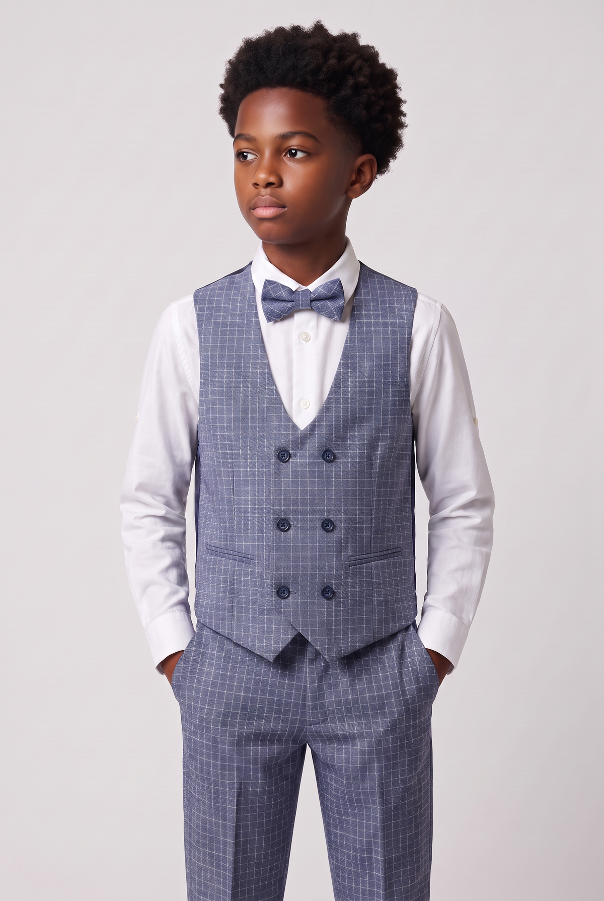 Boys 5-Piece Textured Micro Windowpane Check Suit - KARELI- Navy Model Front Picture