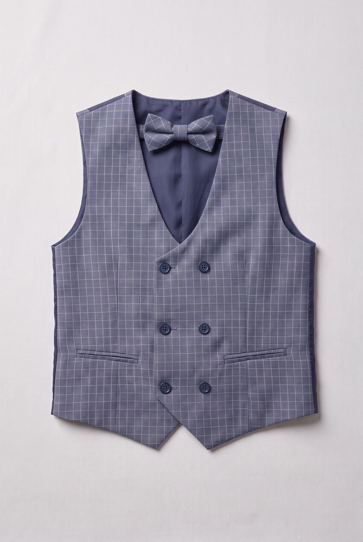 Boys 5-Piece Textured Micro Windowpane Check Suit - KARELI- Navy Waistcoat Picture