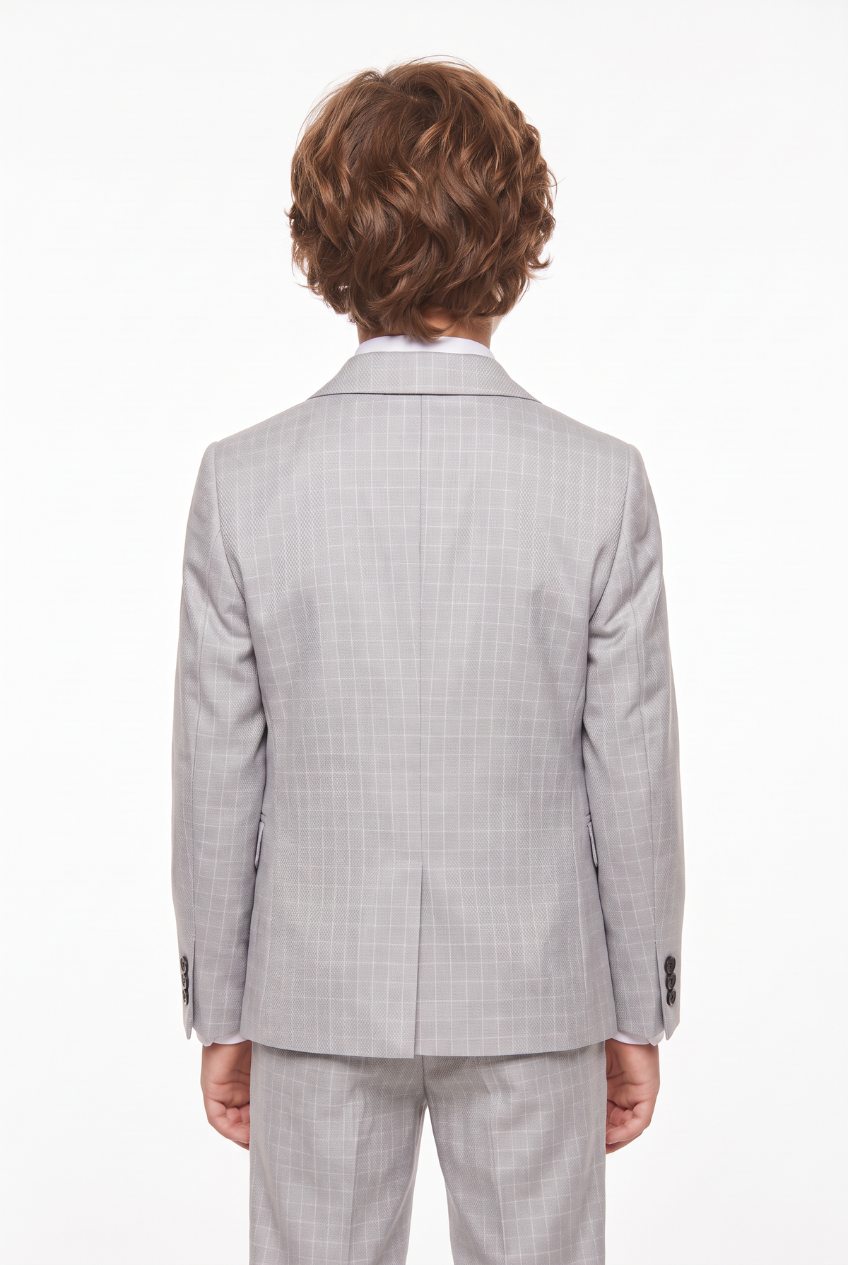 Boys 5-Piece Textured Micro Windowpane Check Suit - KARELI- Stone Back Picture