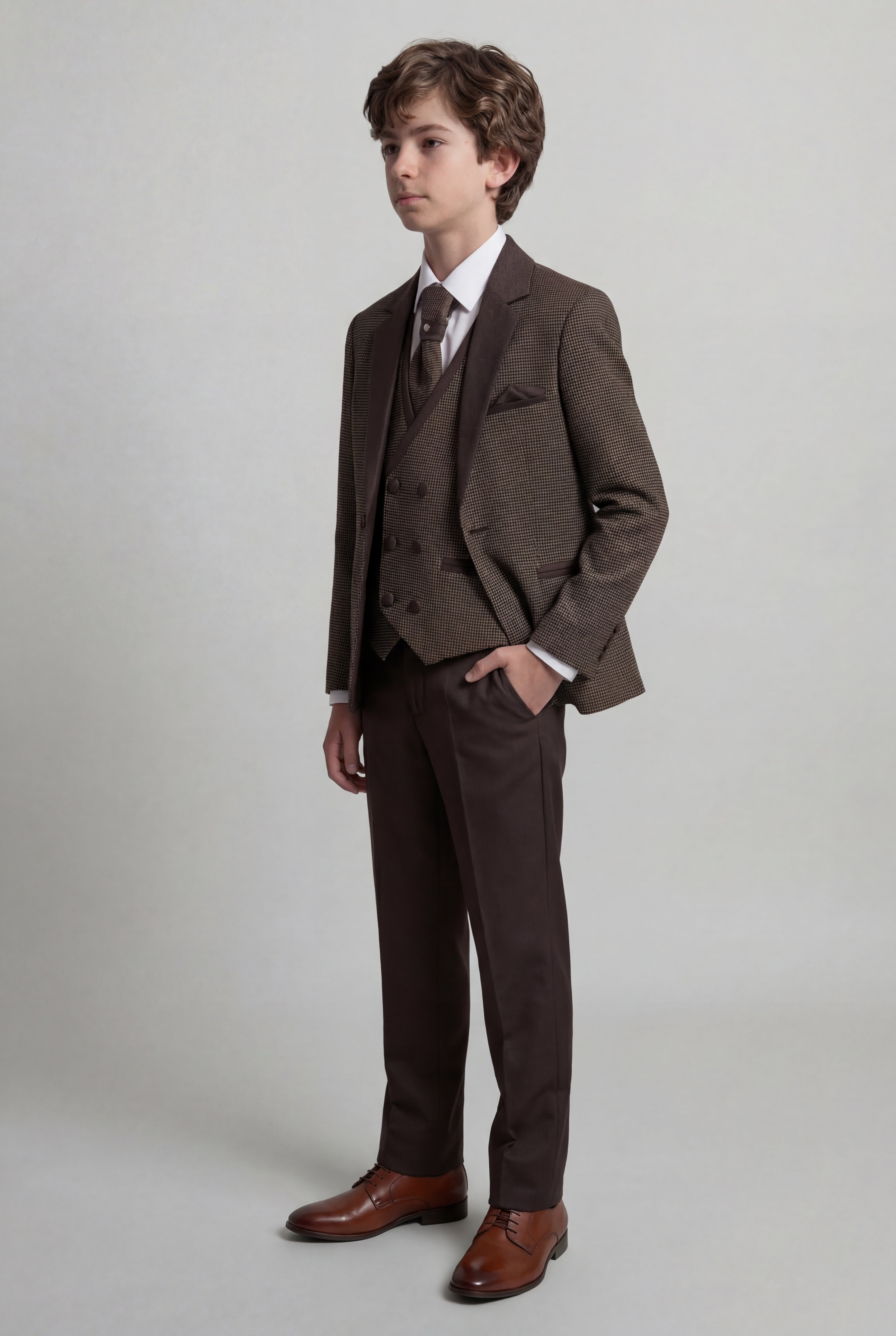Boys 5-Piece Textured Microcheck Suit - Brown Side Picture