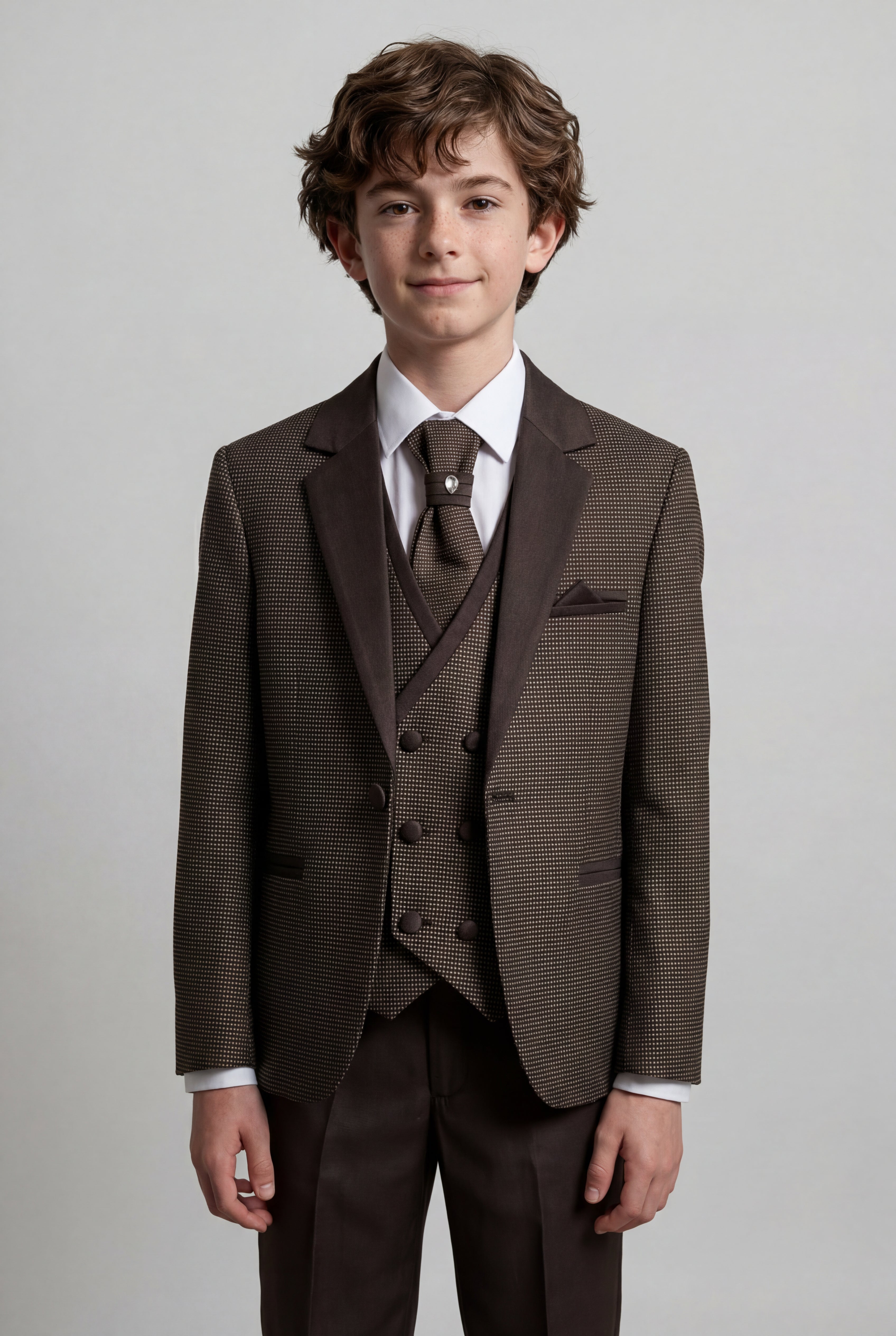 Boys 5-Piece Textured Microcheck Suit - Brown Model Picture
