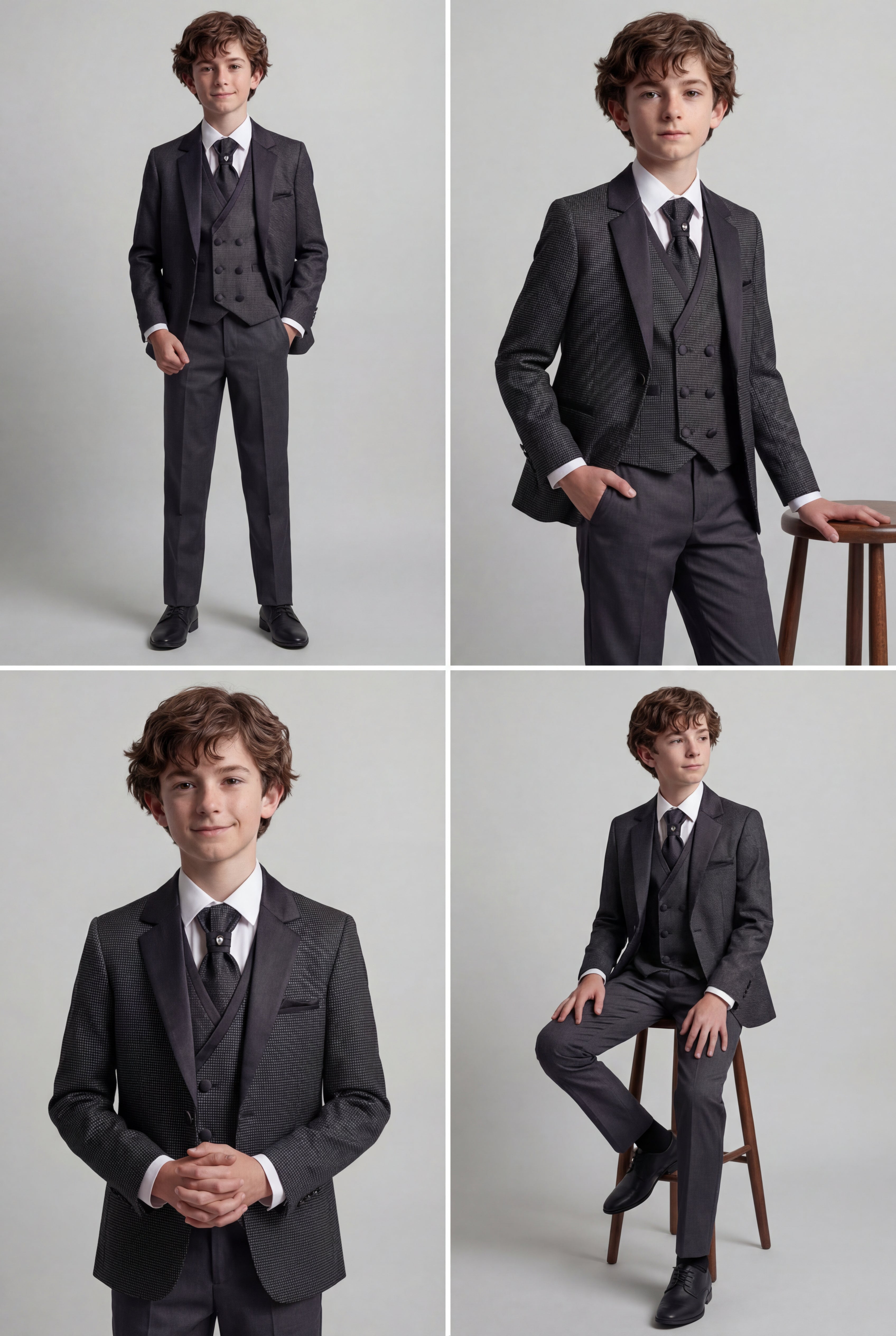 Boys 5-Piece Textured Microcheck Suit - Grey