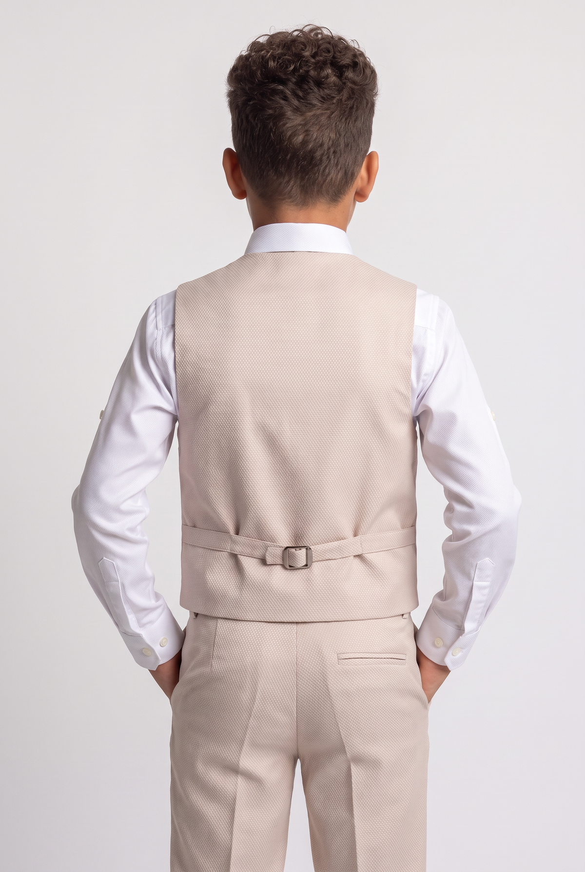 Boys 5-Piece Textured Suit with Double Breasted Waistcoat - Sota Beige Model Waistcoat Back Picture 