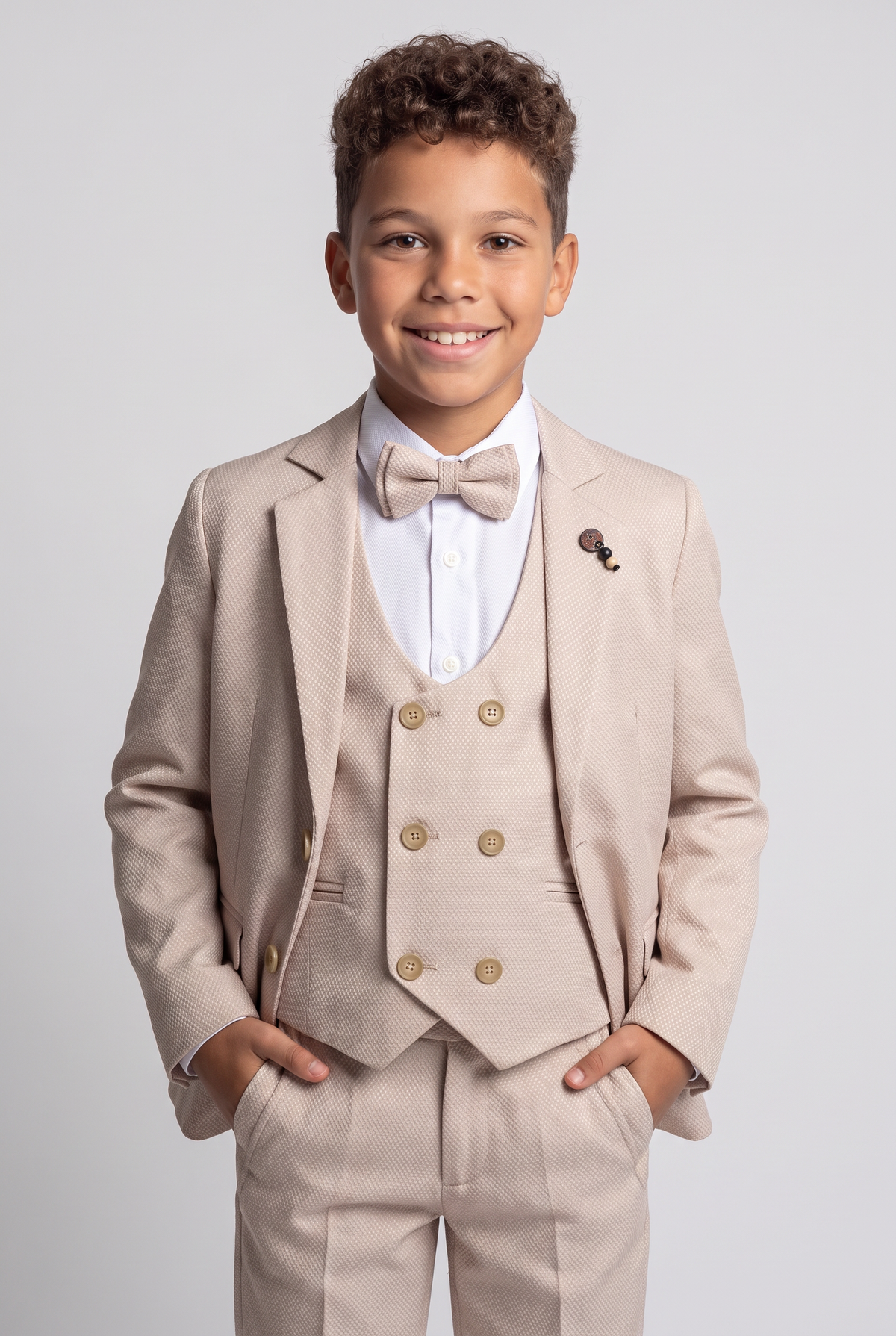 Boys 5-Piece Textured Suit with Double Breasted Waistcoat - Sota Beige Model Picture