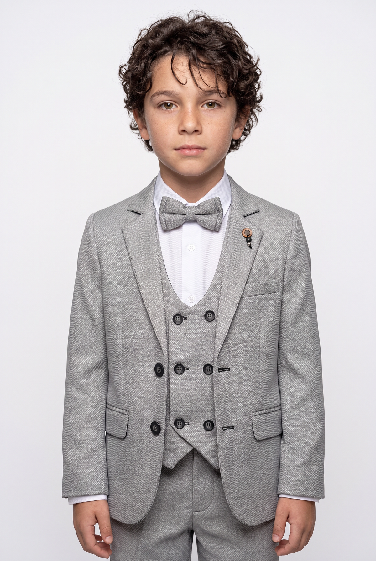 Boys 5-Piece Textured Suit with Double Breasted Waistcoat - Sota Light Grey Model Front Picture