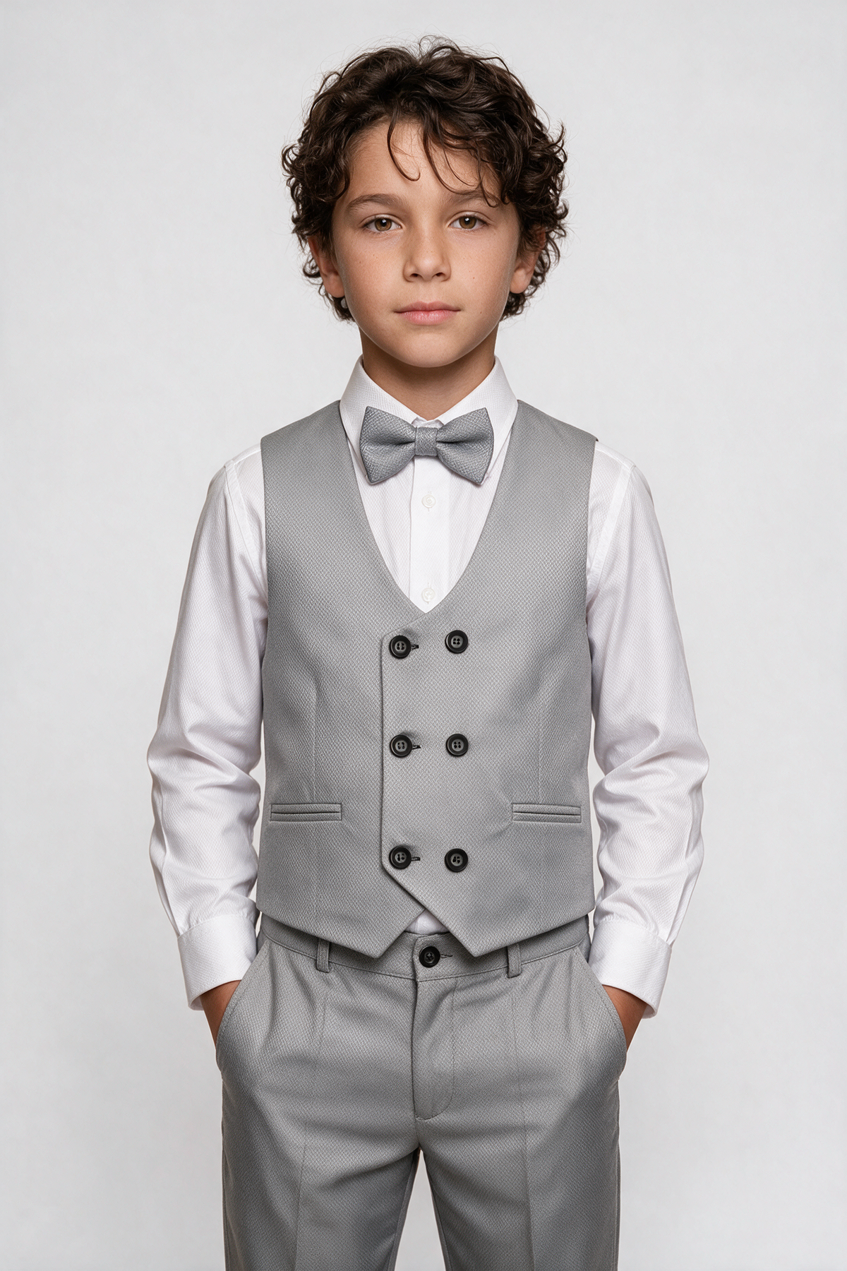Boys 5-Piece Textured Suit with Double Breasted Waistcoat - Sota Light Grey Front Picture