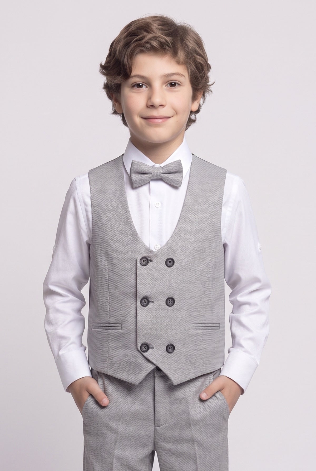 Boys 5-Piece Textured Suit with Double Breasted Waistcoat - Sota Tan Model Front Picture