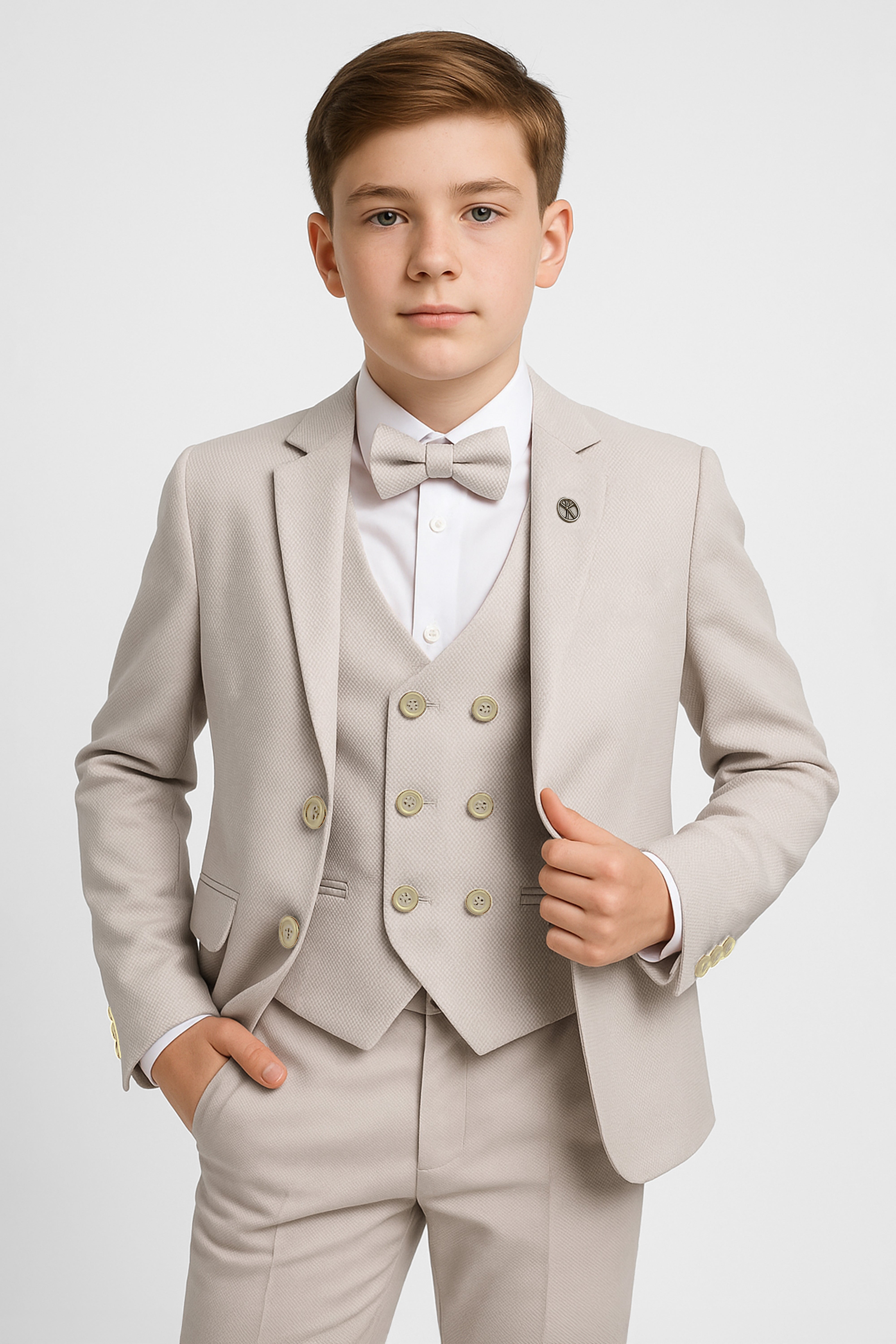 Boys 5-Piece Textured Weave Suit with Double Breasted Waistcoat - Beige Model Picture