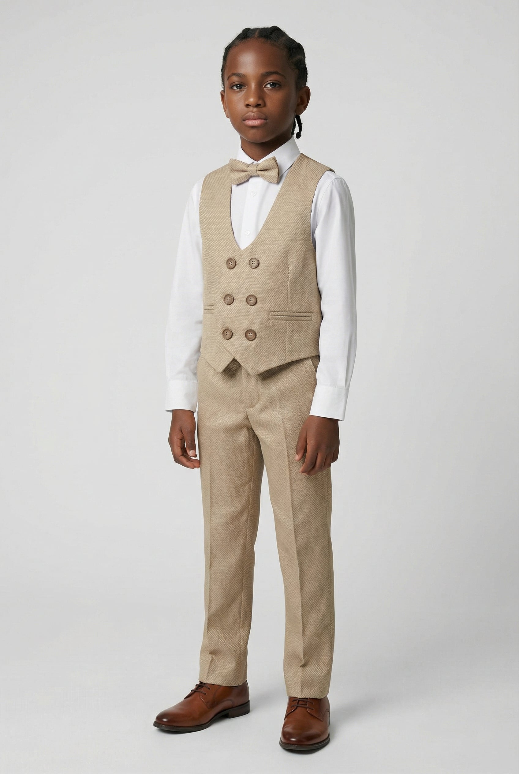 Boys 5-Piece Textured Weave Suit with Double Breasted Waistcoat - Light Brown Waistcoat Picture
