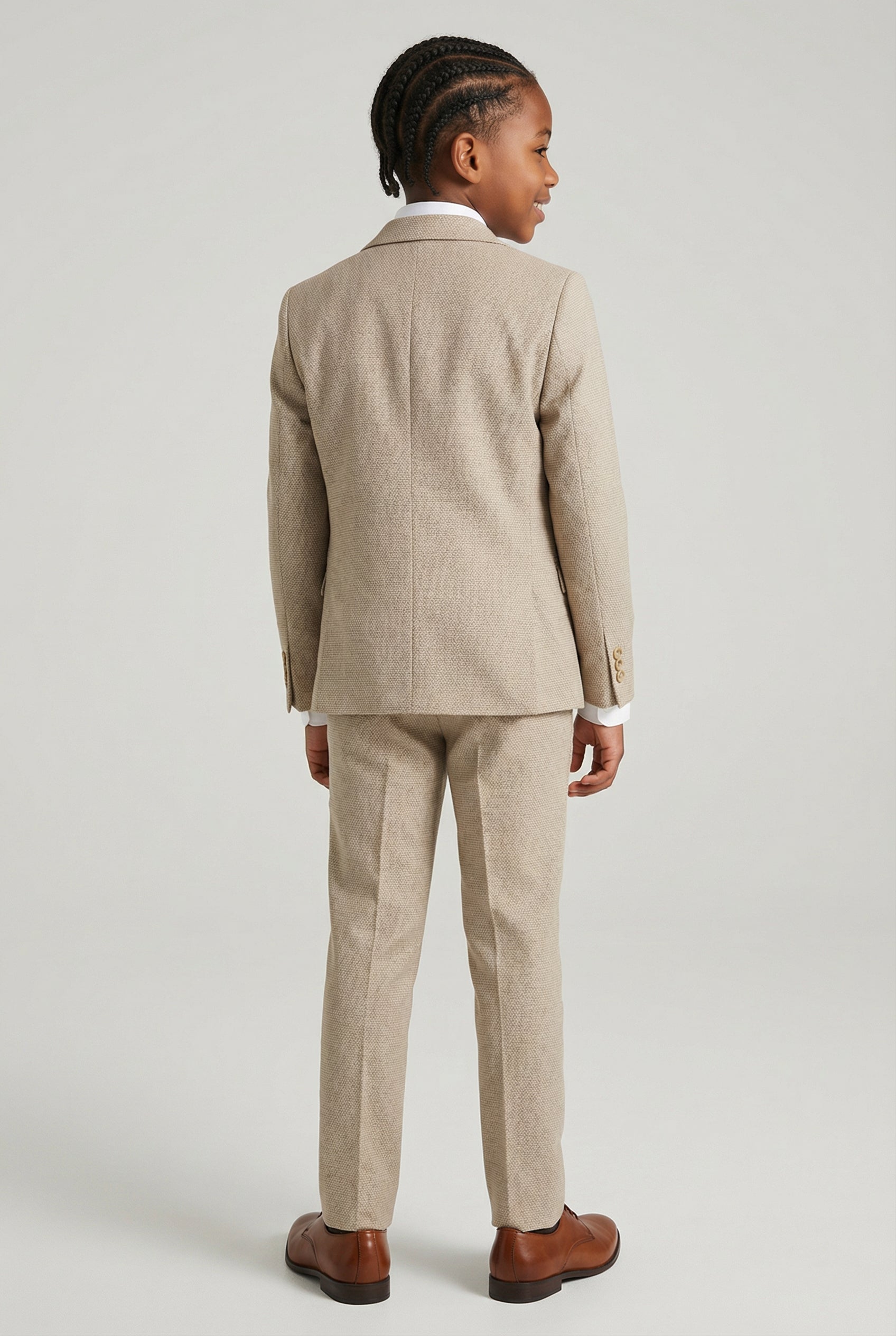 Boys 5-Piece Textured Weave Suit with Double Breasted Waistcoat - Light Brown Back picture