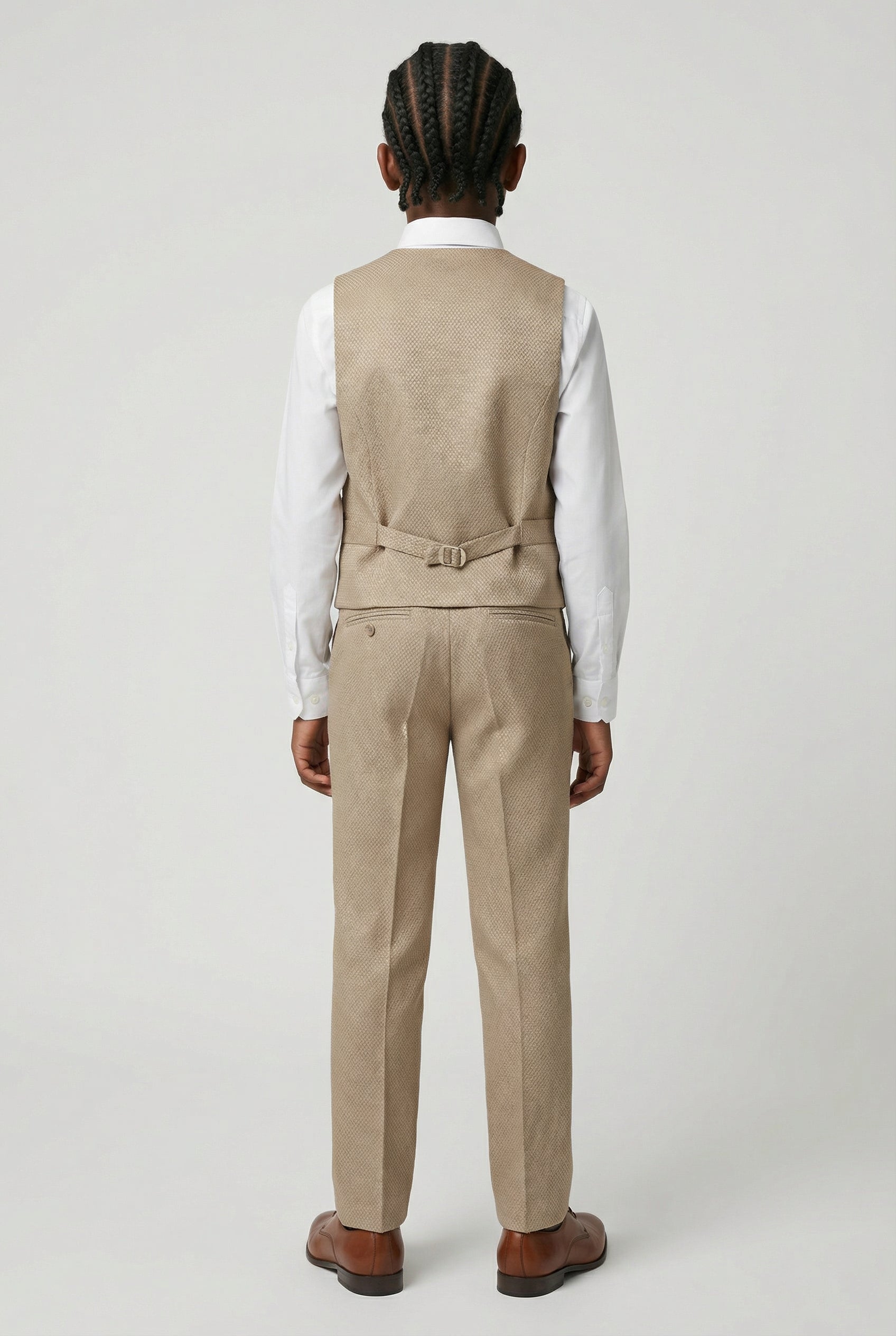 Boys 5-Piece Textured Weave Suit with Double Breasted Waistcoat - Brown 