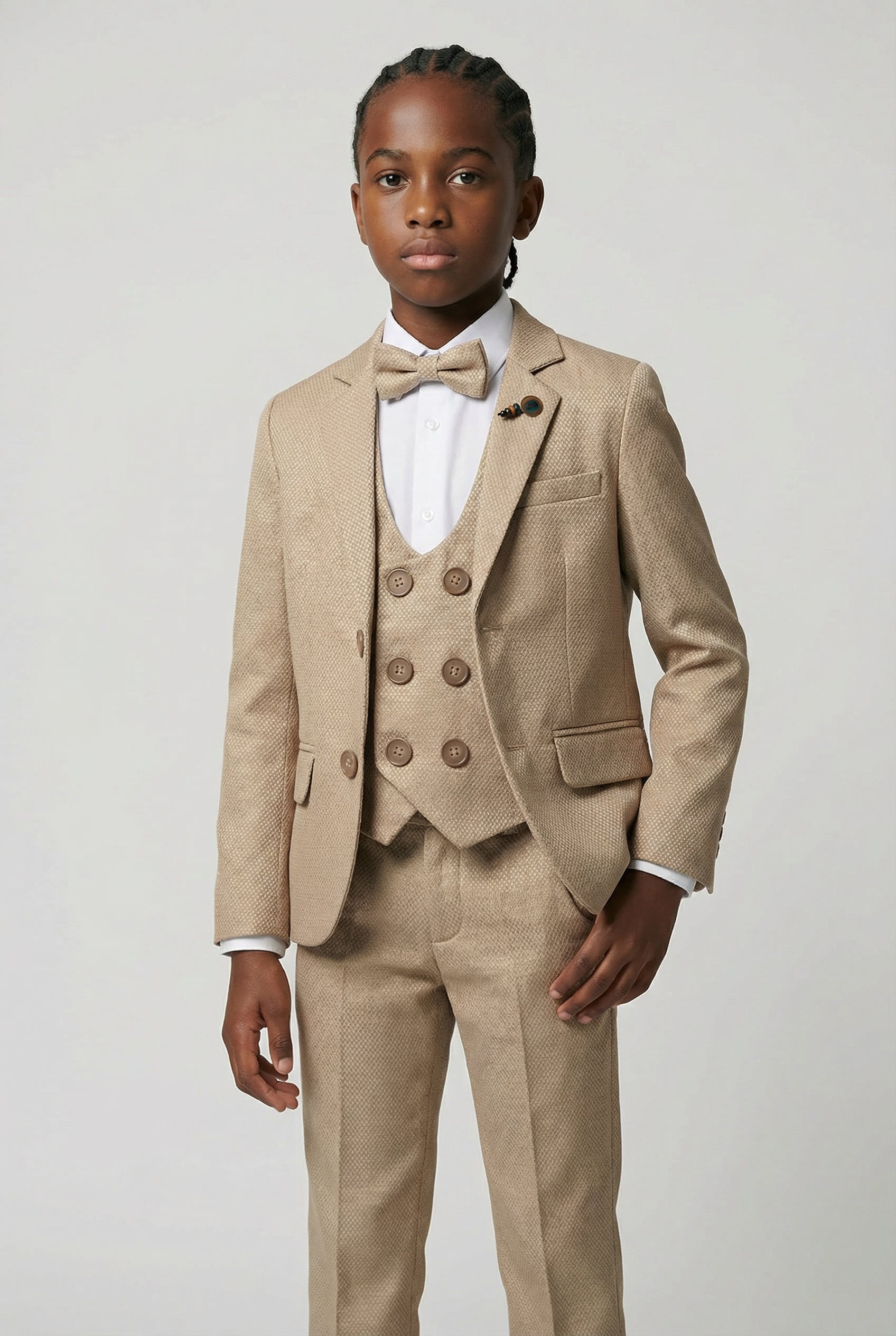 Boys 5-Piece Textured Weave Suit with Double Breasted Waistcoat - Light Brown odel Picture