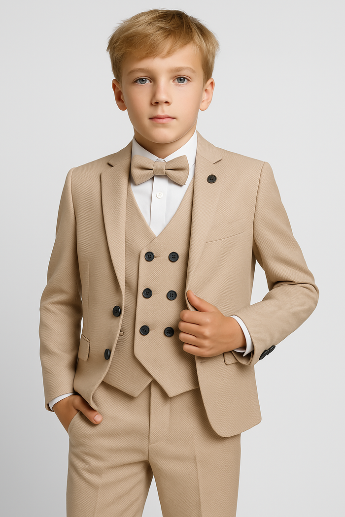Boy's 5 Piece Beige Two Button Trimmed Vested Suit main image 1