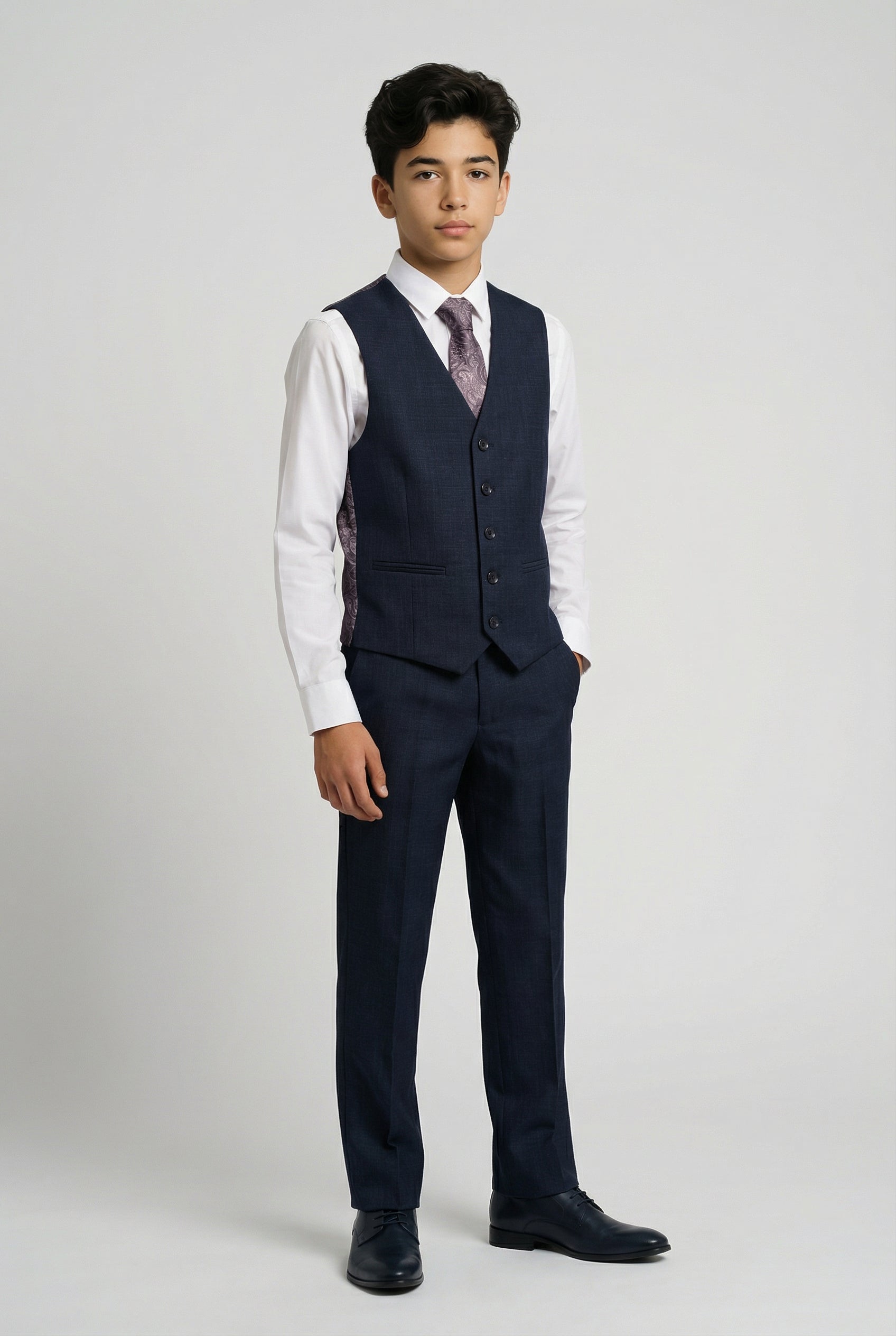 Boys 5-Piece Textured Weave Tailored Fit Suit - LORENZO - Navy Blue