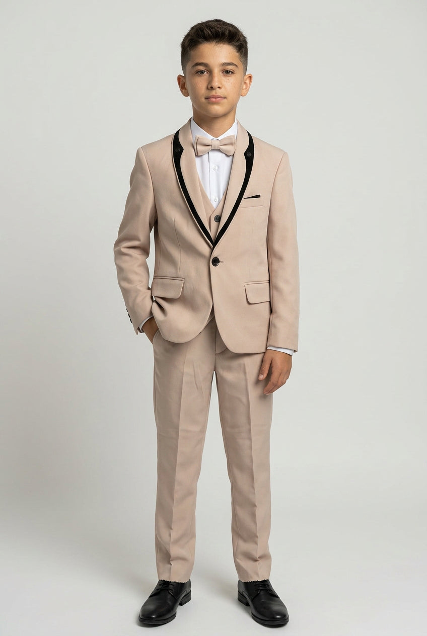 Boys 5-Piece Tuxedo Suit with Removable Velvet Shawl Collar - Beige