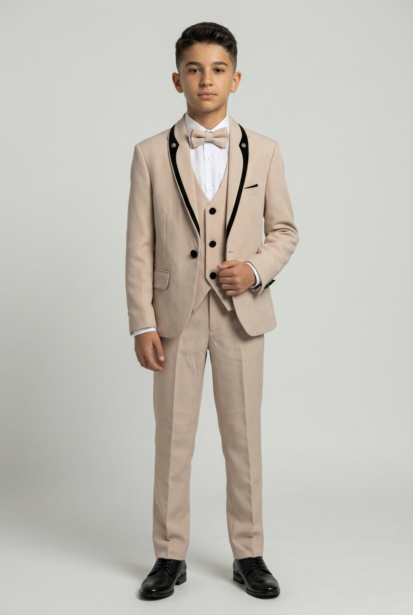 Boys 5-Piece Tuxedo Suit with Removable Velvet Shawl Collar - Beige