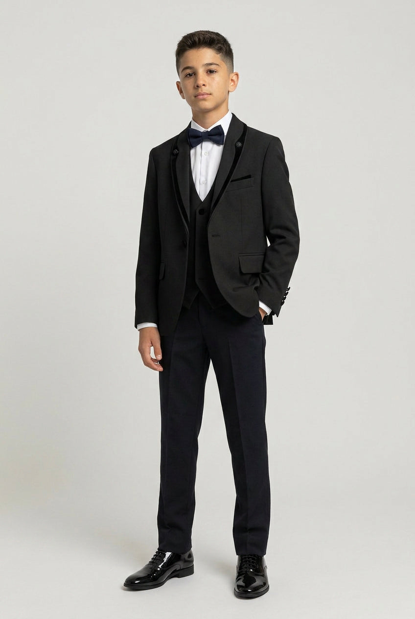 Boys 5-Piece Tuxedo Suit with Removable Velvet Shawl Collar - Black