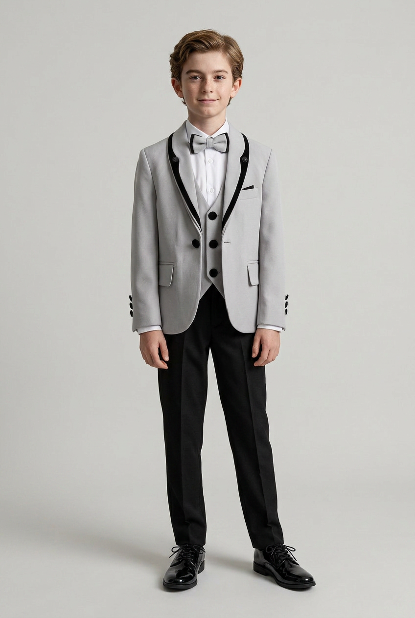 Boys 5-Piece Tuxedo Suit with Removable Velvet Shawl Collar - Grey
