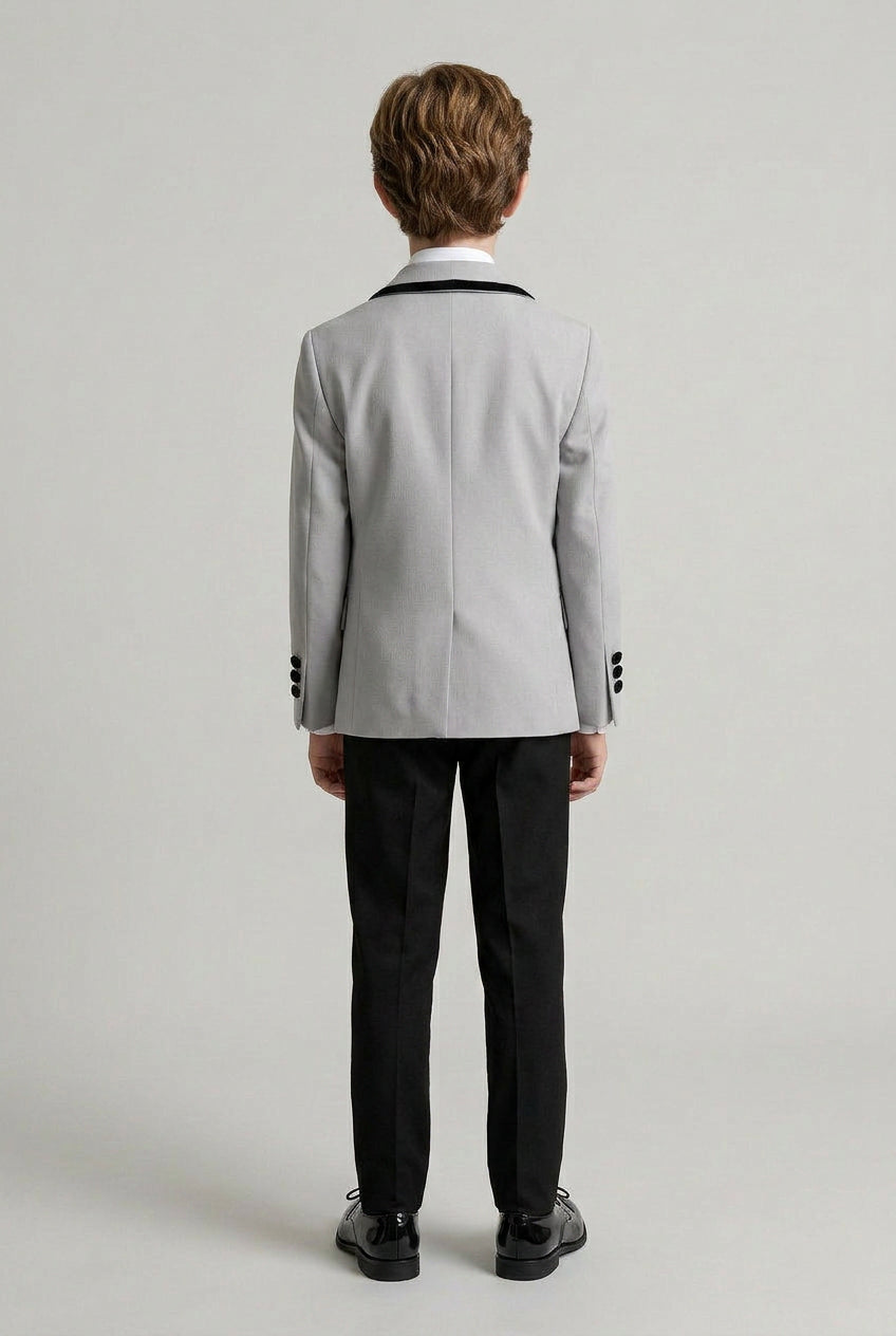 Boys 5-Piece Tuxedo Suit with Removable Velvet Shawl Collar - Grey
