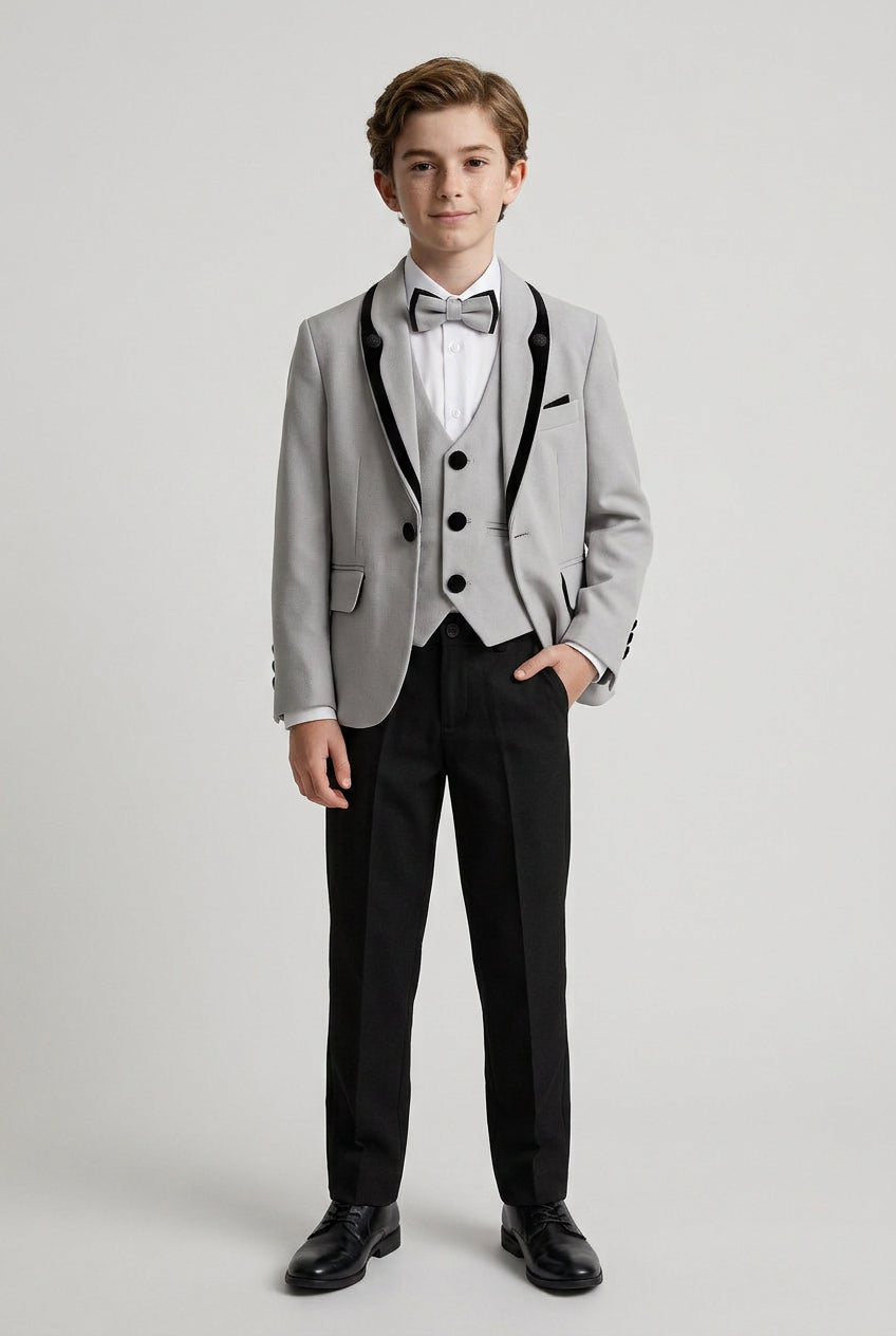 Boys 5-Piece Tuxedo Suit with Removable Velvet Shawl Collar - Grey