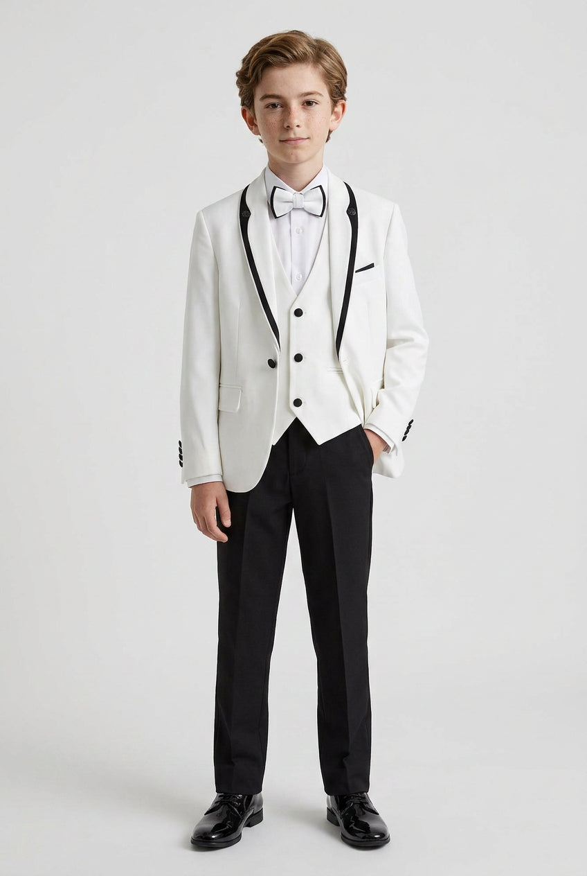 Boys 5-Piece Tuxedo Suit with Removable Velvet Shawl Collar - White