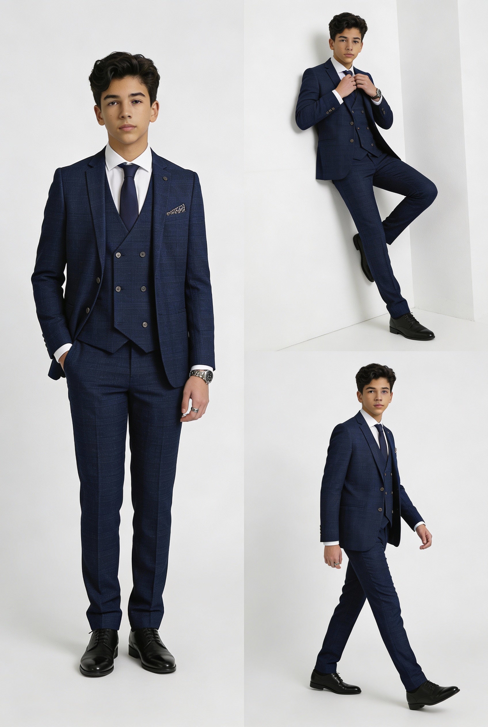 Boys 3-Piece Tweed Like Glen Check Suit - Luis Navy