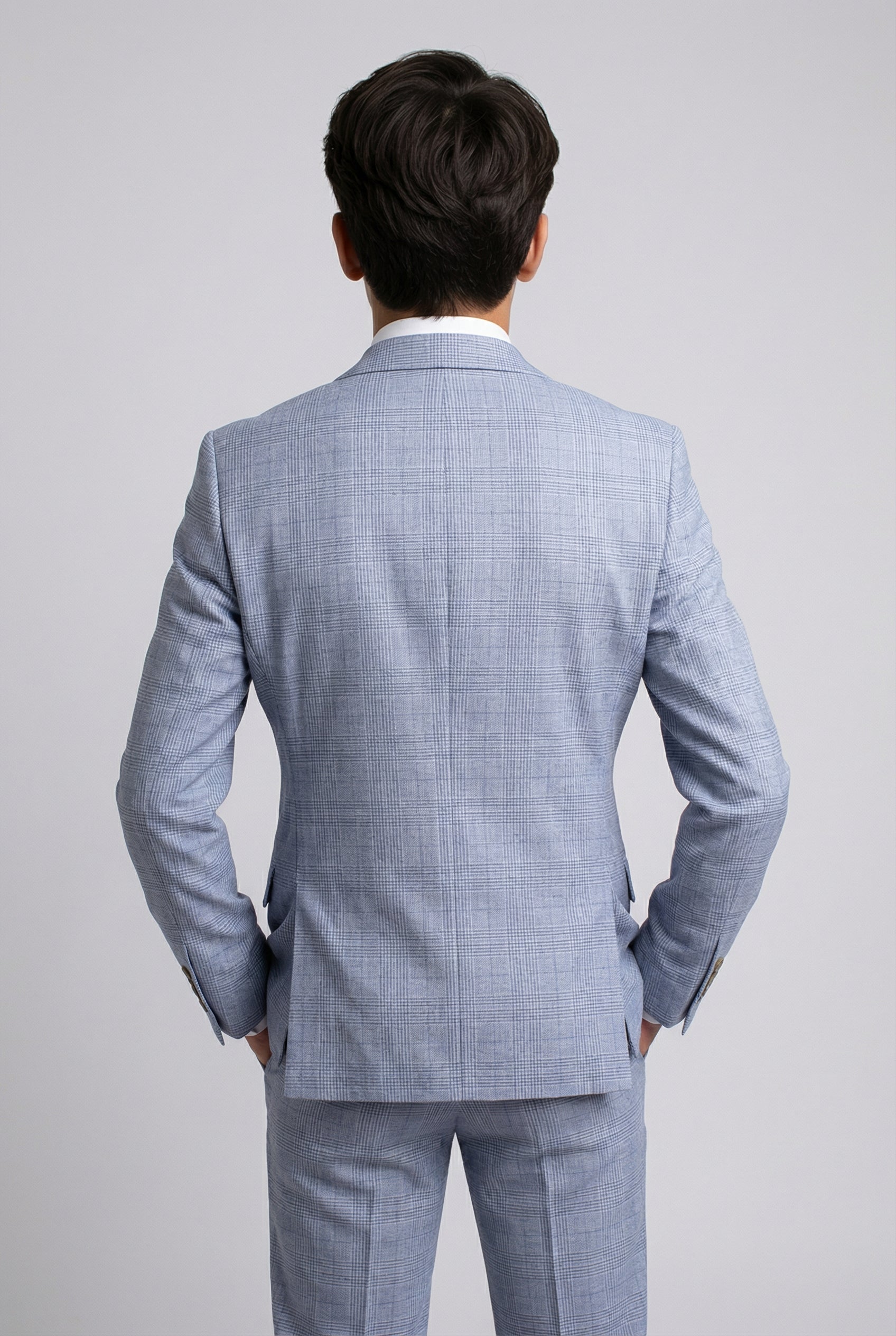 Boys 5-Piece Tweed Like Glen Check Suit - Luis Pale Blue Back Picture